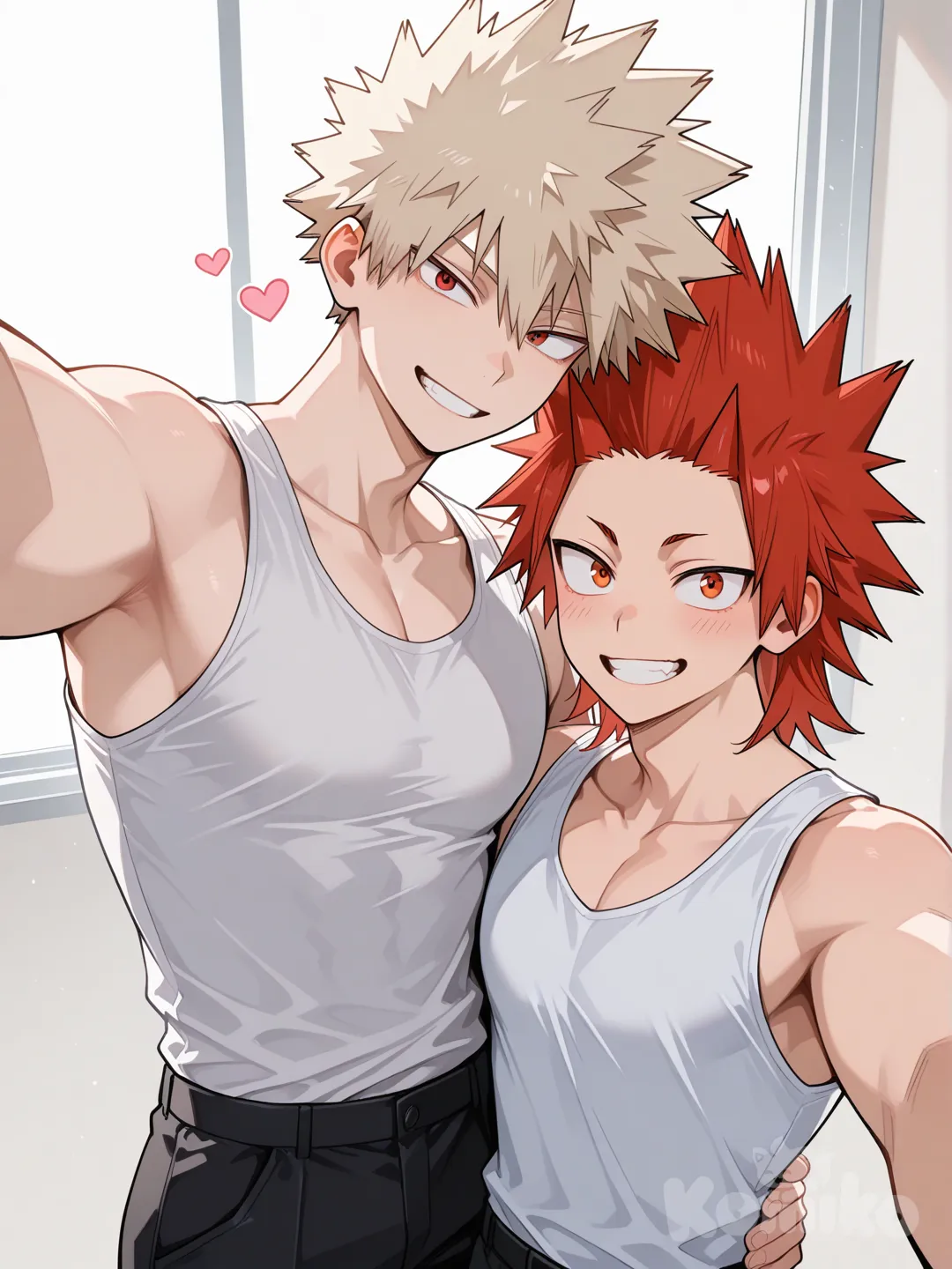 @Kirishima_Eijirou, [glossy-anime-style], selfie, smile, white tank top, black pants, spiky hair, red hair upper body, backlight, red eyes, undercut, @Bakugou_Katsuki , 2people, pale gray background, holding up a pink rose, 2boys, aged up, male focus