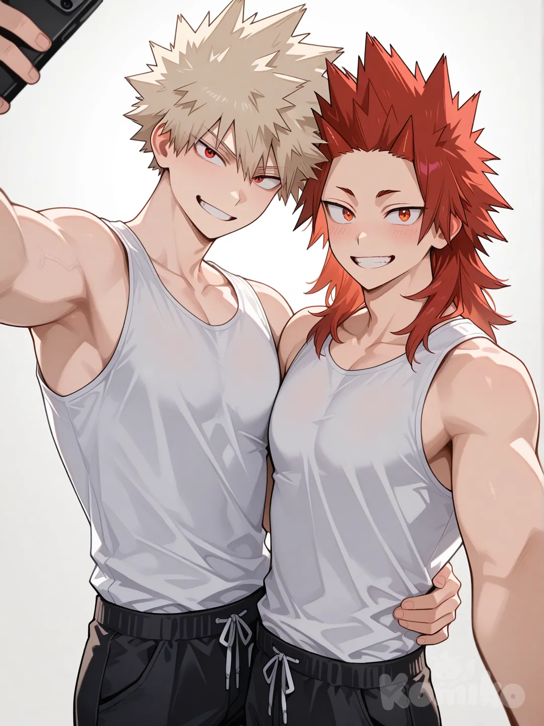 @Kirishima_Eijirou, [glossy-anime-style], selfie, smile, white tank top, black pants, spiky hair, red hair upper body, backlight, red eyes, undercut, @Bakugou_Katsuki , 2people, pale gray background, holding up a pink rose, 2boys, aged up, male focus