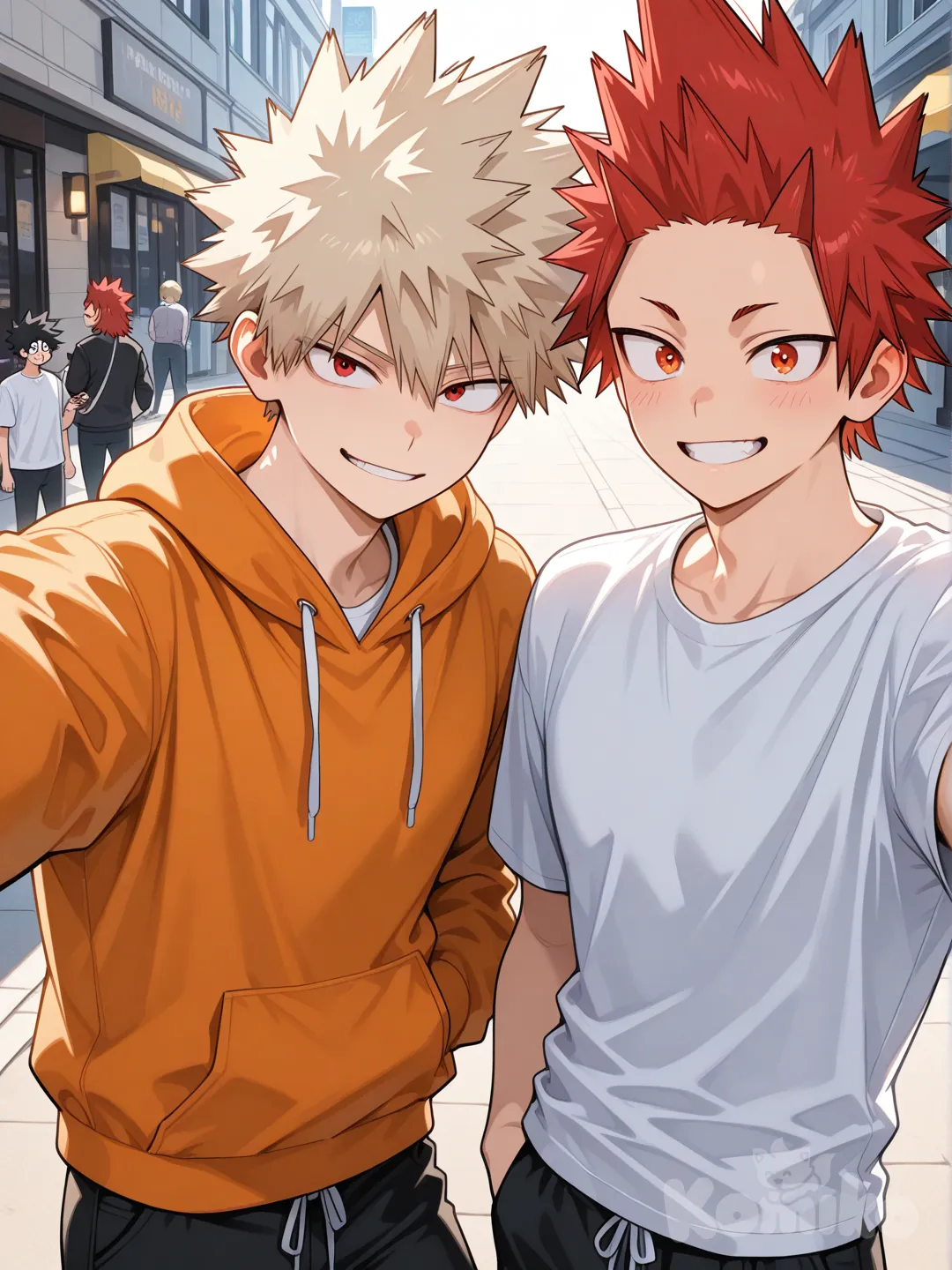 @Kirishima_Eijirou, [glossy-anime-style], selfie, smile, white t -shirt, orange hoodie, black pants, spiky hair, red hair upper body, backlight, red eyes, undercut, @Bakugou_Katsuki , 2people, 2boys, aged up, male focus