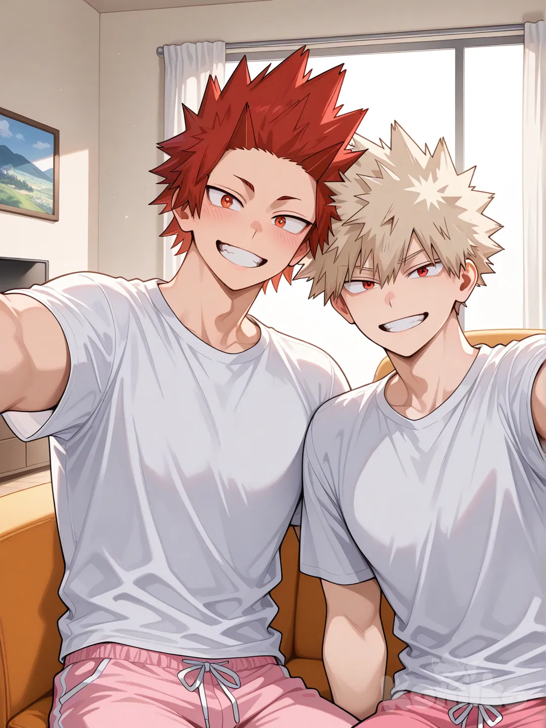 @Kirishima_Eijirou, [glossy-anime-style], selfie, smile, white t -shirt, pink pajama pants, spiky hair, red hair upper body, backlight, red eyes, undercut, @Bakugou_Katsuki , 2people, living room, sitting on orange chair, 2boys, aged up, male focus