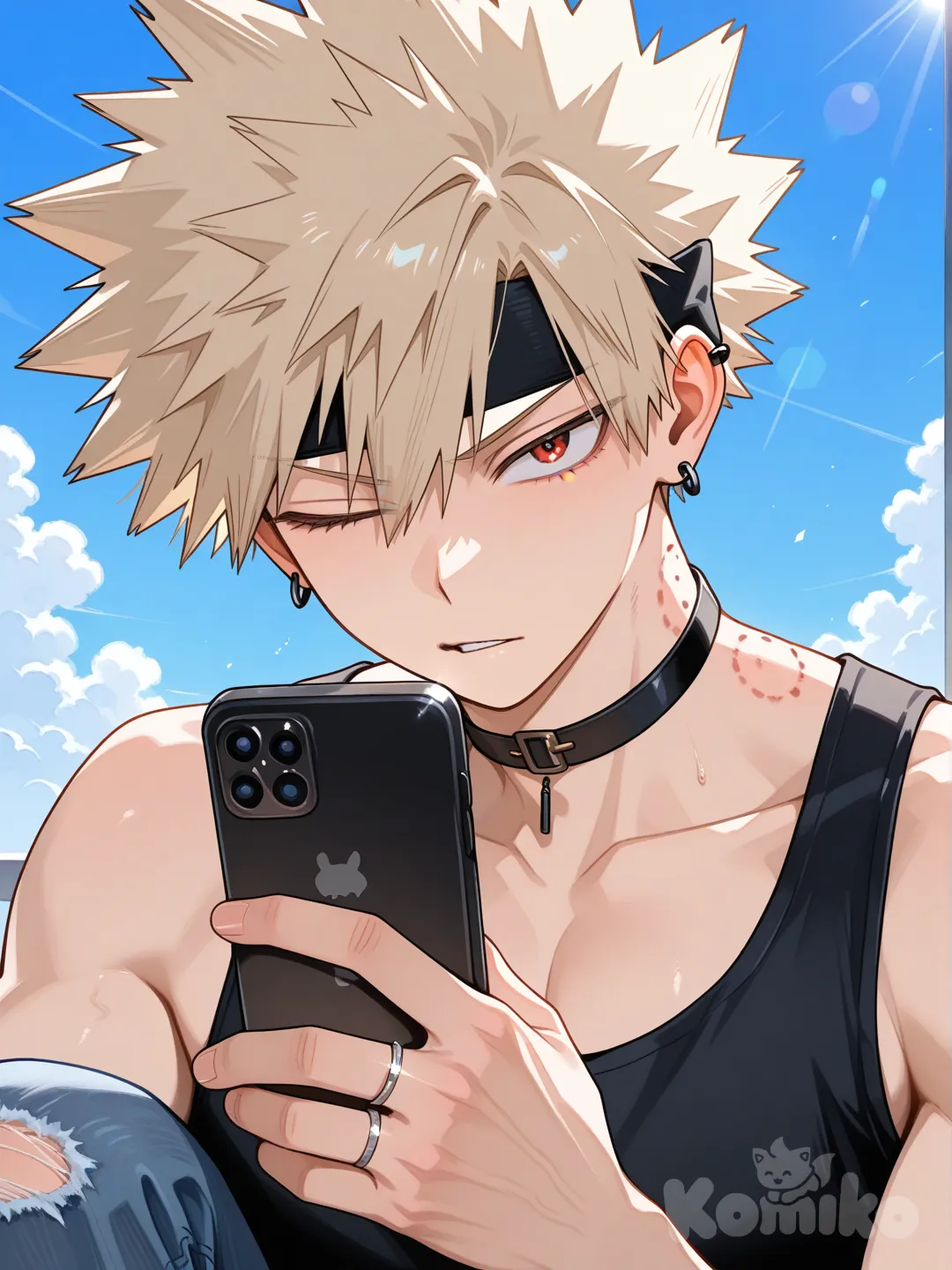@Bakugou_Katsuki, [glossy-anime-style], black tank top, navy blue jeans, torn clothes, earrings, choker, blonde hair, spiky hair, fluffy curls, hair spiked up at the top, hair away from forehead, undercut, charcoal black, upper body, backlight, blue sky, red eyes, wedding ring, aged up, black thin headband, bite mark, one eye closed, holding phone, facing viewer