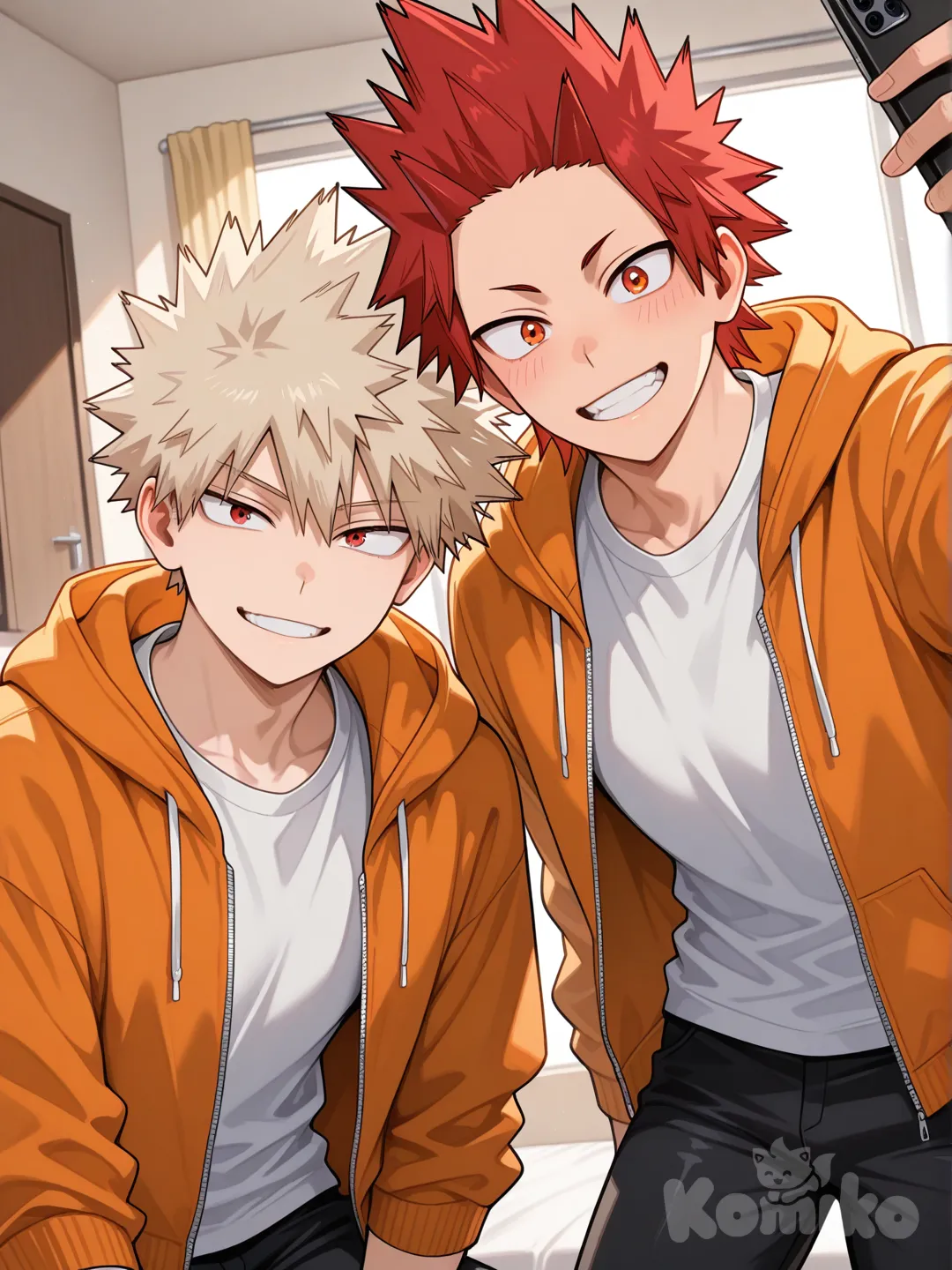 @Kirishima_Eijirou, [glossy-anime-style], selfie, smile, white t -shirt, orange hoodie halfway zipped, black pants, bedroom, leaning forward, spiky hair, red hair upper body, backlight, red eyes, undercut, @Bakugou_Katsuki , 2people, 2boys, aged up, male focus
