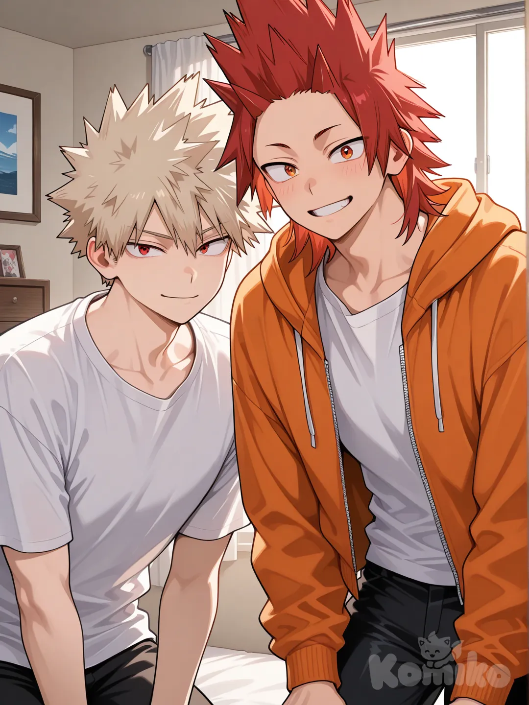 [glossy-anime-style], smile, white t -shirt, orange hoodie halfway zipped, black pants, bedroom, leaning forward, spiky hair, red hair upper body, backlight, red eyes, undercut, @Bakugou_Katsuki , 2people, 2boys, aged up, male focus, @Kirishima_Eijirou