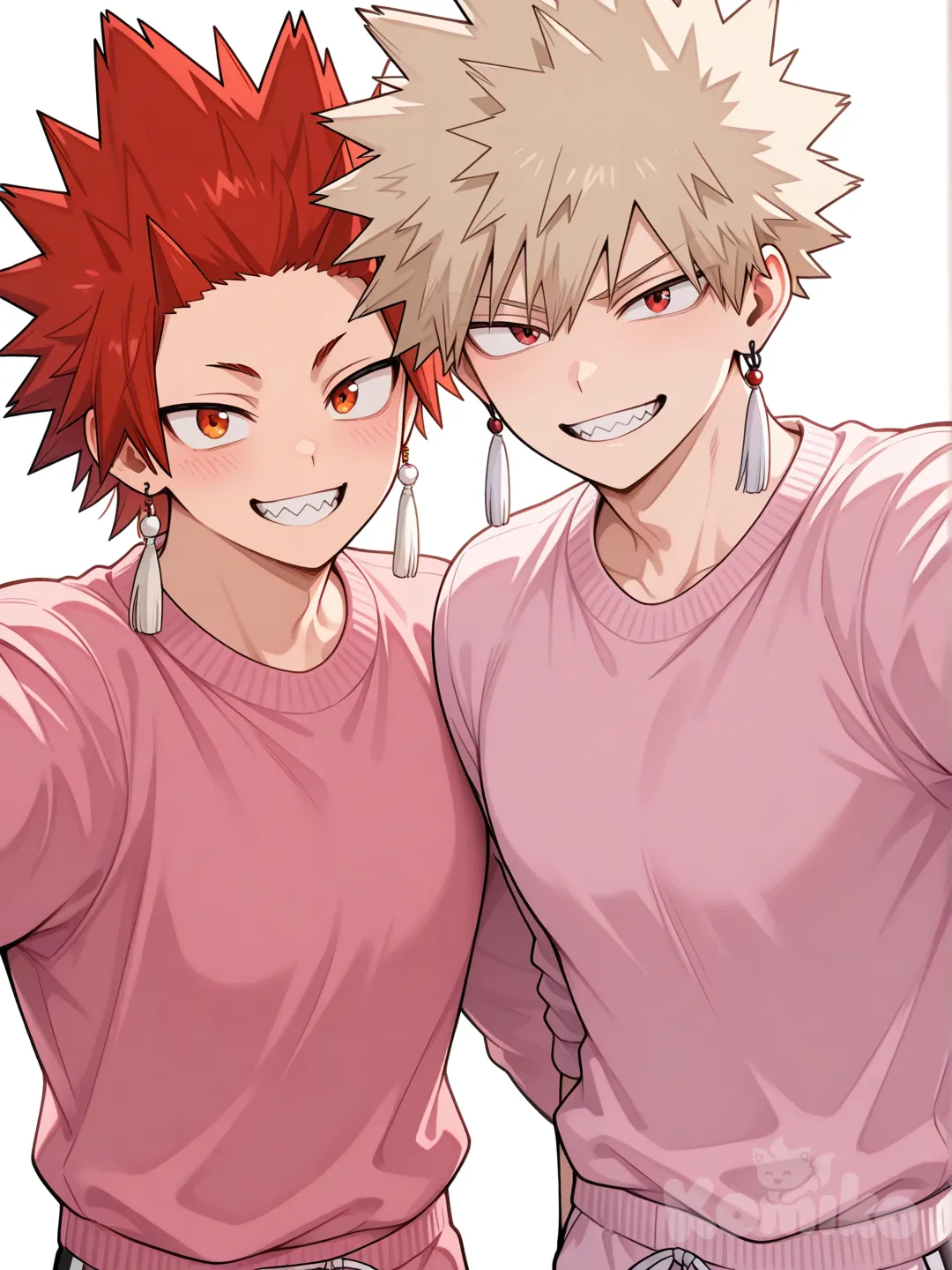 @Kirishima_Eijirou, [glossy-anime-style], selfie, smile, pink sweater, pink sweatpants, white tassels earrings, white background, spiky hair, red hair upper body, backlight, red eyes, undercut, @Bakugou_Katsuki , 2people, 2boys, aged up, male focus