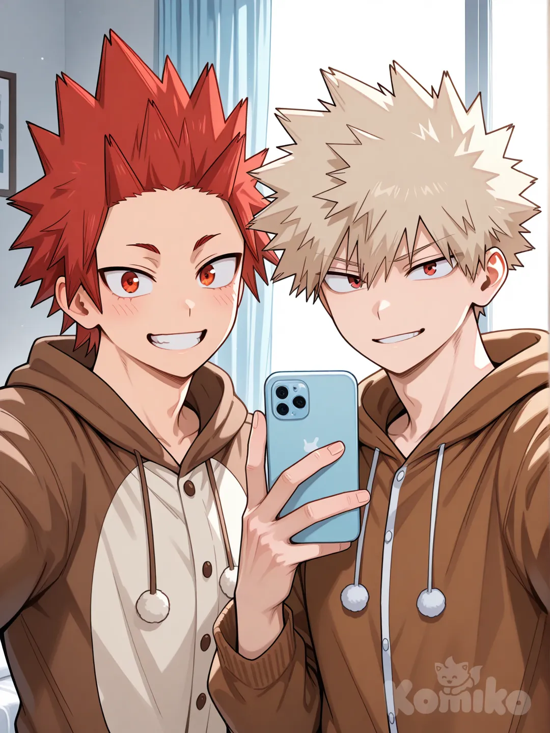 @Kirishima_Eijirou, [glossy-anime-style], selfie, smile, reindeer onesie pajamas, in front of window, light blue curtains, spiky hair, red hair upper body, backlight, red eyes, undercut, @Bakugou_Katsuki , 2people, 2boys, aged up, male focus
