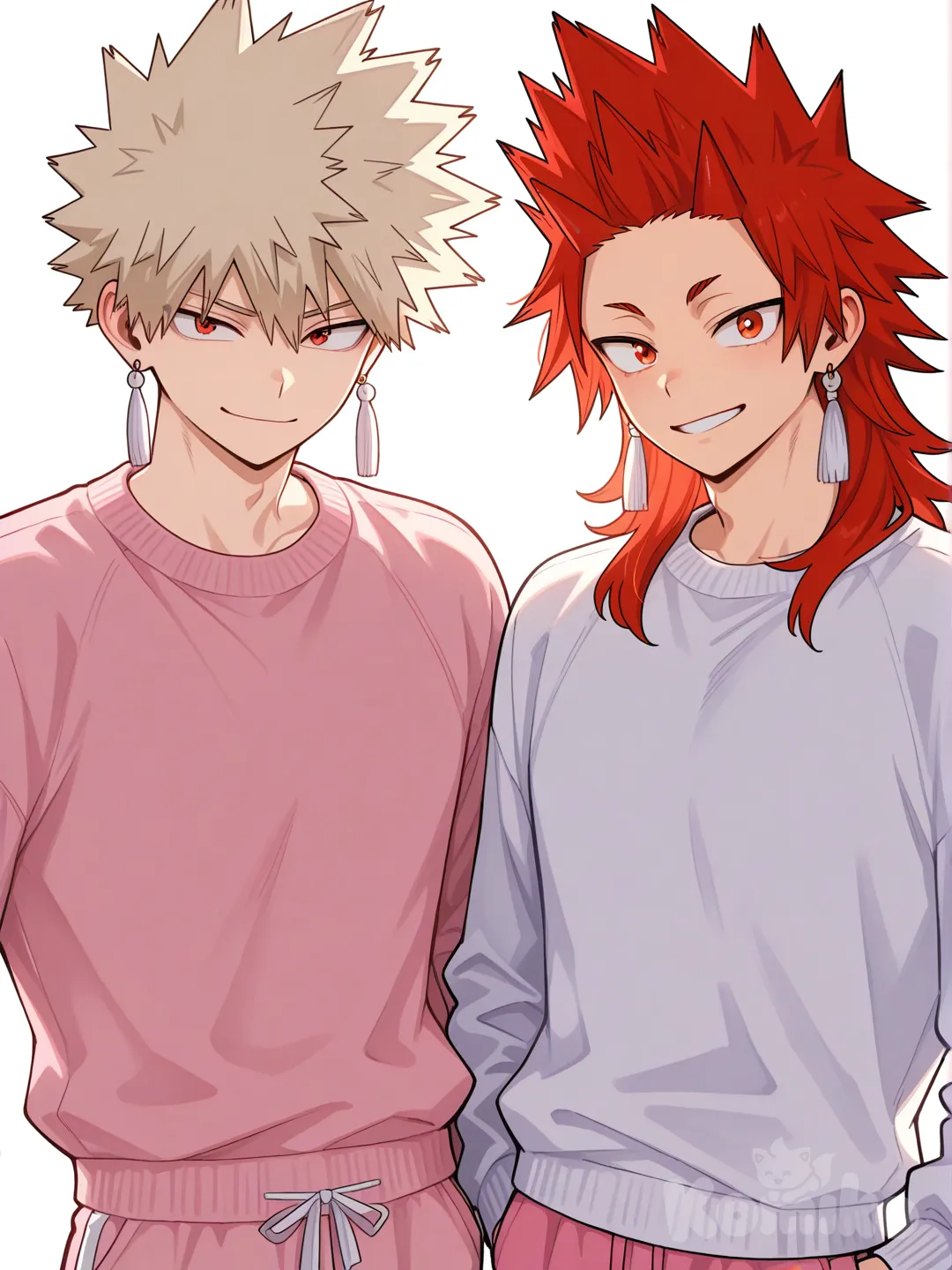 @Kirishima_Eijirou, [glossy-anime-style], smile, pink sweater, pink sweatpants, white tassels earrings, white background, spiky hair, red hair upper body, backlight, red eyes, undercut, @Bakugou_Katsuki , 2people, 2boys, aged up, male focus
