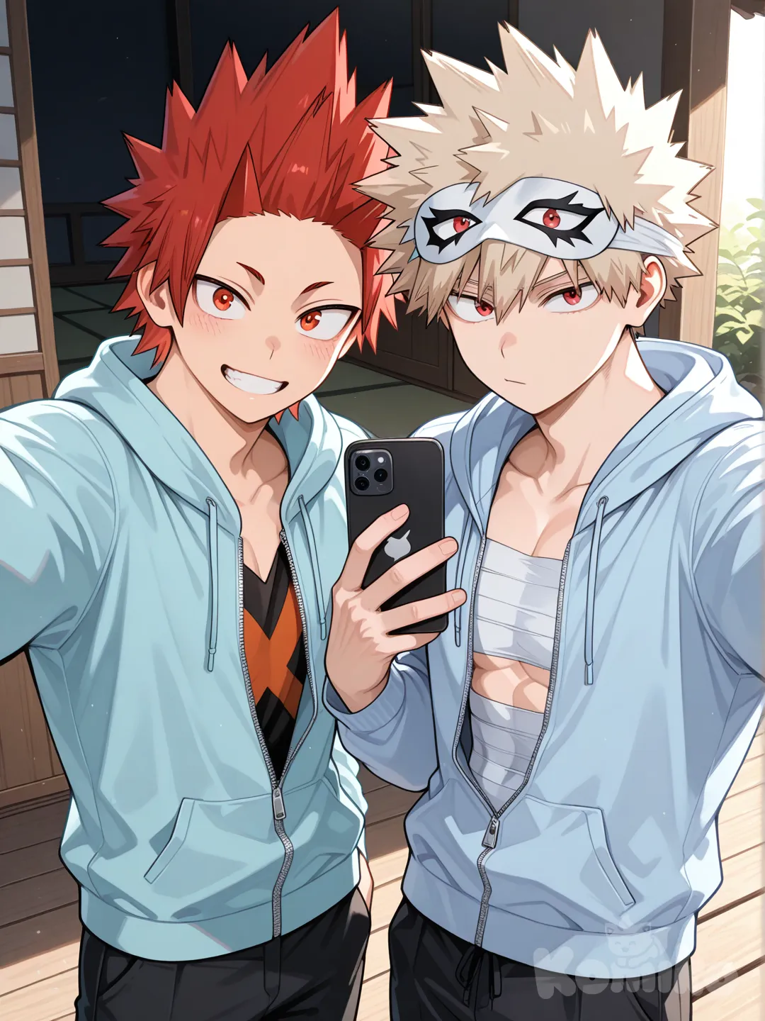 @Kirishima_Eijirou, [glossy-anime-style], selfie, smile, bandages wrapped around chest, light blue hoodie halfway zipped, black pants, cute white eyemask on head, porch, spiky hair, red hair upper body, backlight, red eyes, undercut, @Bakugou_Katsuki , 2people, 2boys, aged up, male focus