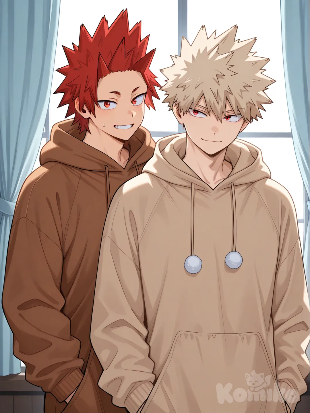 @Kirishima_Eijirou, [glossy-anime-style], smile, reindeer onesie pajamas, in front of window, light blue curtains, spiky hair, red hair upper body, backlight, red eyes, undercut, @Bakugou_Katsuki , 2people, 2boys, aged up, male focus