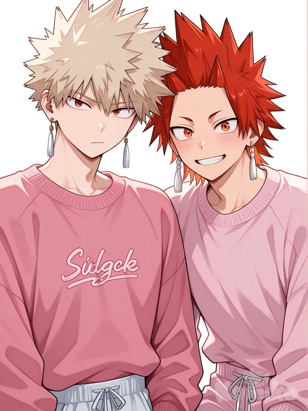 @Kirishima_Eijirou, [glossy-anime-style], smile, pink sweater, pink sweatpants, white tassels earrings, white background, spiky hair, red hair upper body, backlight, red eyes, undercut, @Bakugou_Katsuki , 2people, 2boys, aged up, male focus