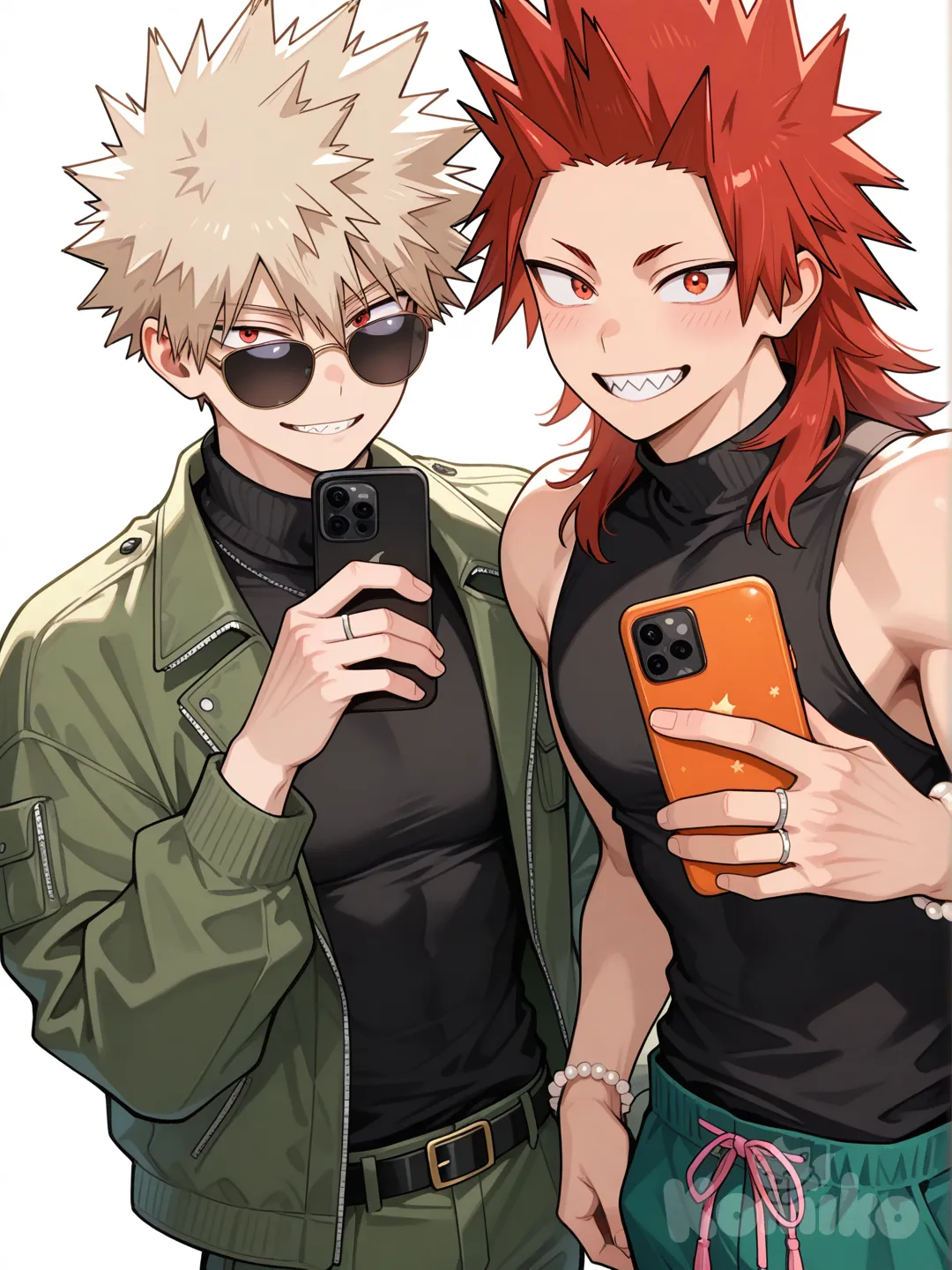 @Kirishima_Eijirou, [glossy-anime-style], smile, selfie, black turtleneck tank top, green jacket, green pants, pearl bracelet, pink tassels, sunglasses, white background with orange circle, spiky hair, red hair upper body, wedding ring, backlight, red eyes, undercut, @Bakugou_Katsuki , 2people, 2boys, aged up, male focus