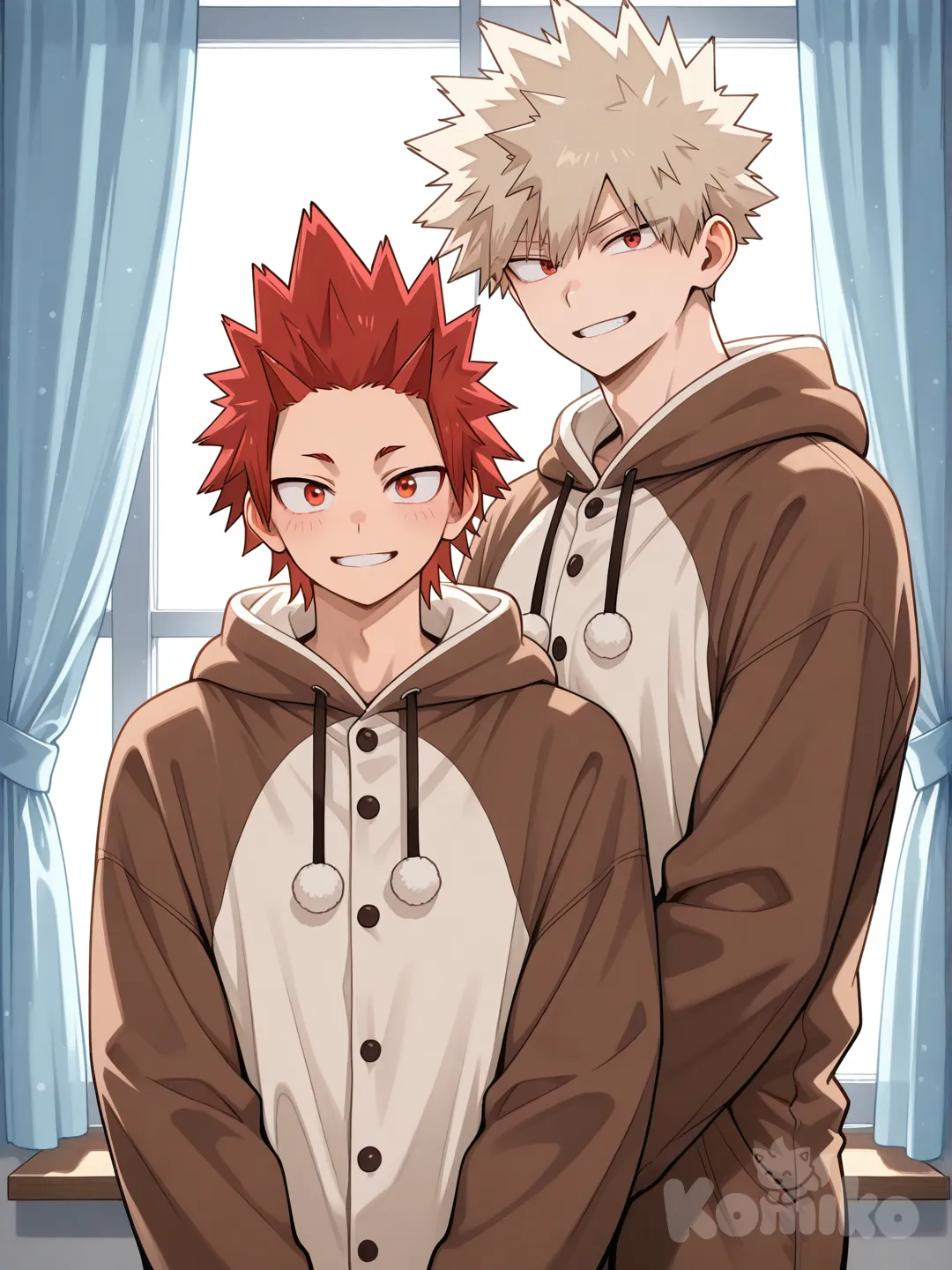 @Kirishima_Eijirou, [glossy-anime-style], smile, reindeer onesie pajamas, in front of window, light blue curtains, spiky hair, red hair upper body, backlight, red eyes, undercut, @Bakugou_Katsuki , 2people, 2boys, aged up, male focus