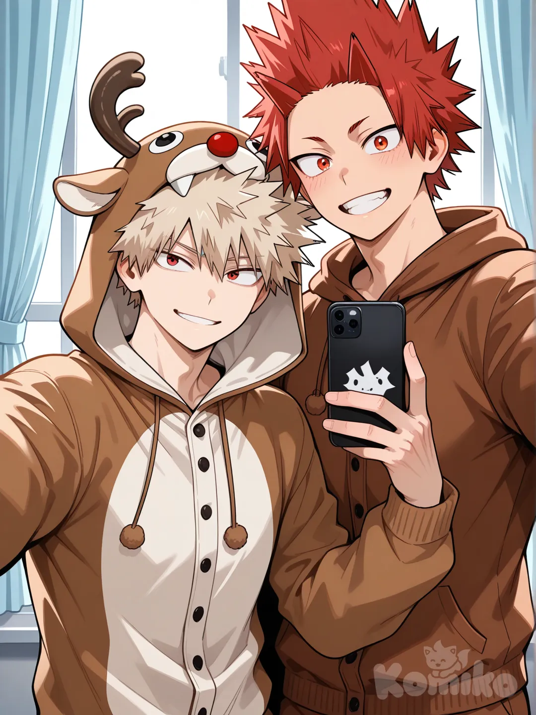 @Kirishima_Eijirou, [glossy-anime-style], selfie, smile, reindeer onesie pajamas, in front of window, light blue curtains, spiky hair, red hair upper body, backlight, red eyes, undercut, @Bakugou_Katsuki , 2people, 2boys, aged up, male focus
