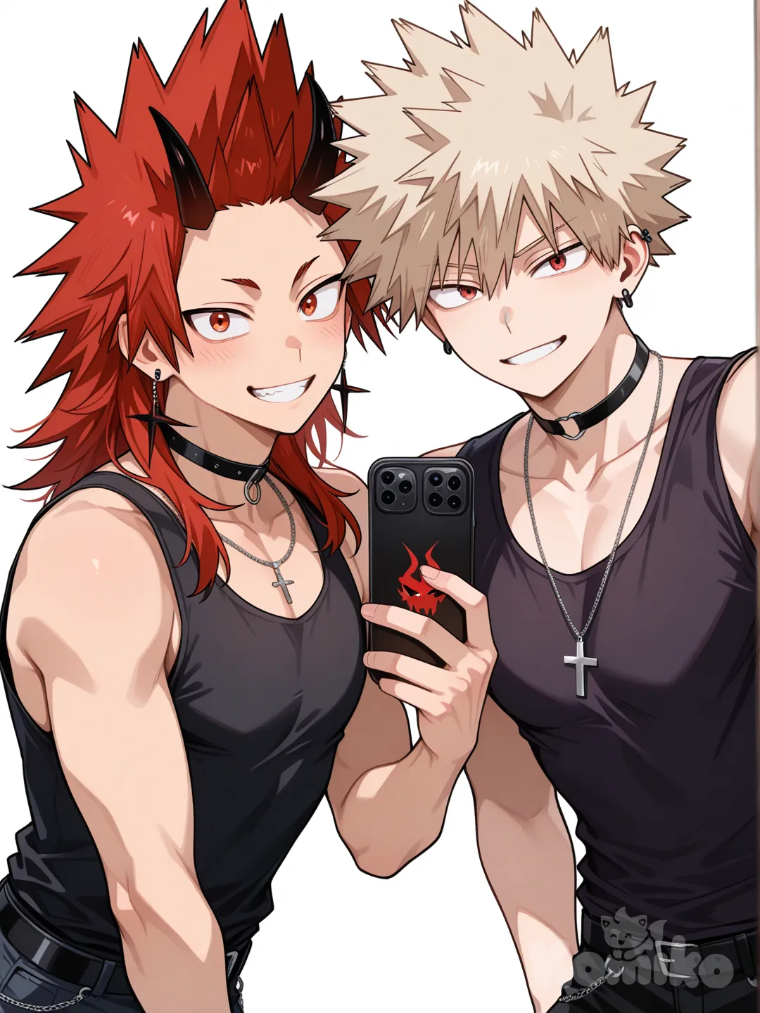 @Kirishima_Eijirou, [glossy-anime-style], smile, selfie, dark purple tank top with black trim, black skinny jeans, choker with Cross, earrings, black demon horns, leaning forward, white background, spiky hair, red hair upper body, backlight, red eyes, undercut, @Bakugou_Katsuki , 2people, 2boys, aged up, male focus