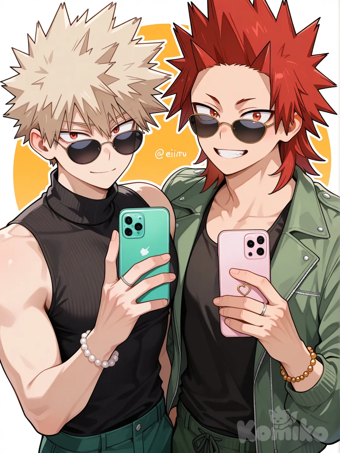 @Kirishima_Eijirou, [glossy-anime-style], smile, selfie, black turtleneck tank top, green jacket, green pants, pearl bracelet, pink tassels, sunglasses, white background with orange circle, spiky hair, red hair upper body, wedding ring, backlight, red eyes, undercut, @Bakugou_Katsuki , 2people, 2boys, aged up, male focus