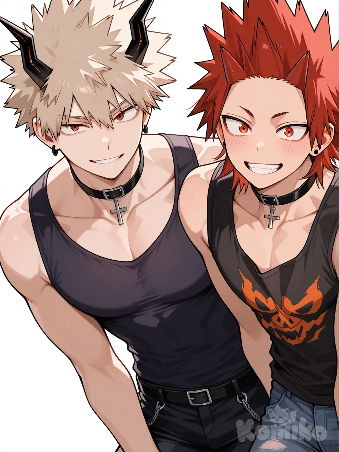 @Kirishima_Eijirou, [glossy-anime-style], smile, dark purple tank top with black trim, black skinny jeans, choker with Cross, earrings, black demon horns, leaning forward, white background, spiky hair, red hair upper body, backlight, red eyes, undercut, @Bakugou_Katsuki , 2people, 2boys, aged up, male focus