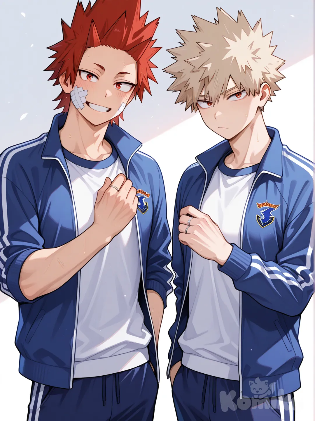 Kirishima Eijirou, [glossy-anime-style], smile, blue gym uniform, blue gym jacket, dark blue sweatpants, bandage on left cheek, white wall, spiky hair, red hair upper body, wedding ring, backlight, red eyes, undercut, Bakugou Katsuki , 2people, 2boys, aged up, male focus