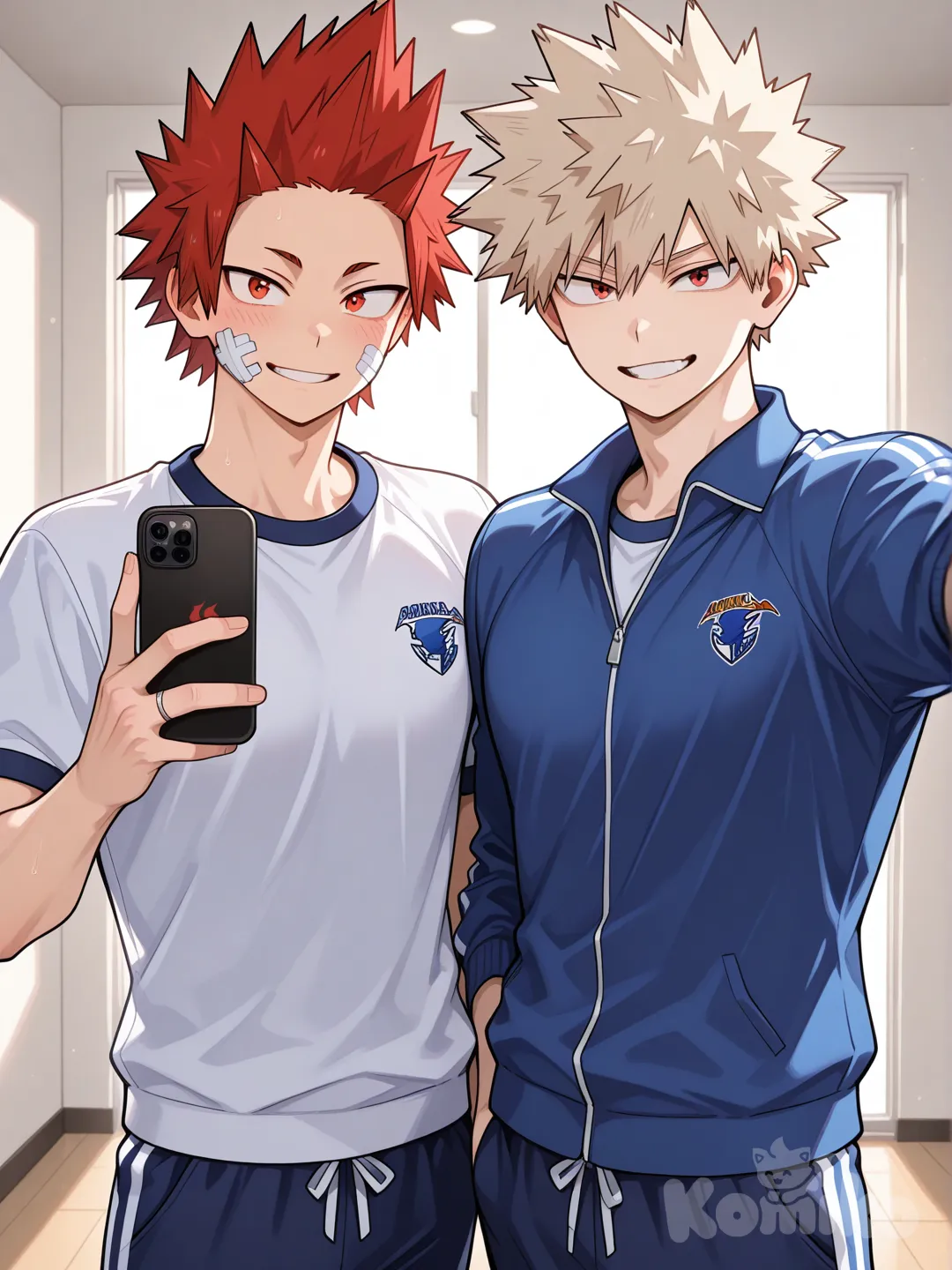 Kirishima Eijirou, [glossy-anime-style], smile, selfie, blue gym uniform, blue gym jacket, dark blue sweatpants, bandage on left cheek, white wall, spiky hair, red hair upper body, wedding ring, backlight, red eyes, undercut, Bakugou Katsuki , 2people, 2boys, aged up, male focus