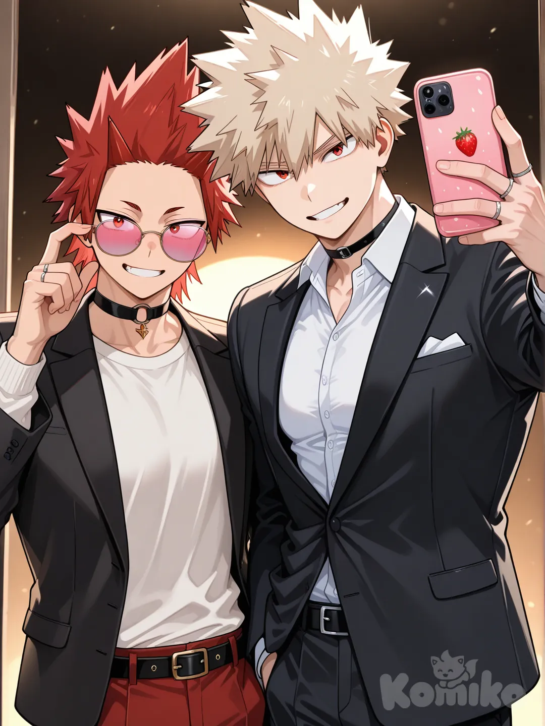 Kirishima Eijirou, [glossy-anime-style], smile, selfie, white shirt, black dress jacket, red pants, choker, pink sunglasses, strawberries, spiky hair, red hair upper body, wedding ring, backlight, red eyes, undercut, Bakugou Katsuki , 2people, 2boys, aged up, male focus