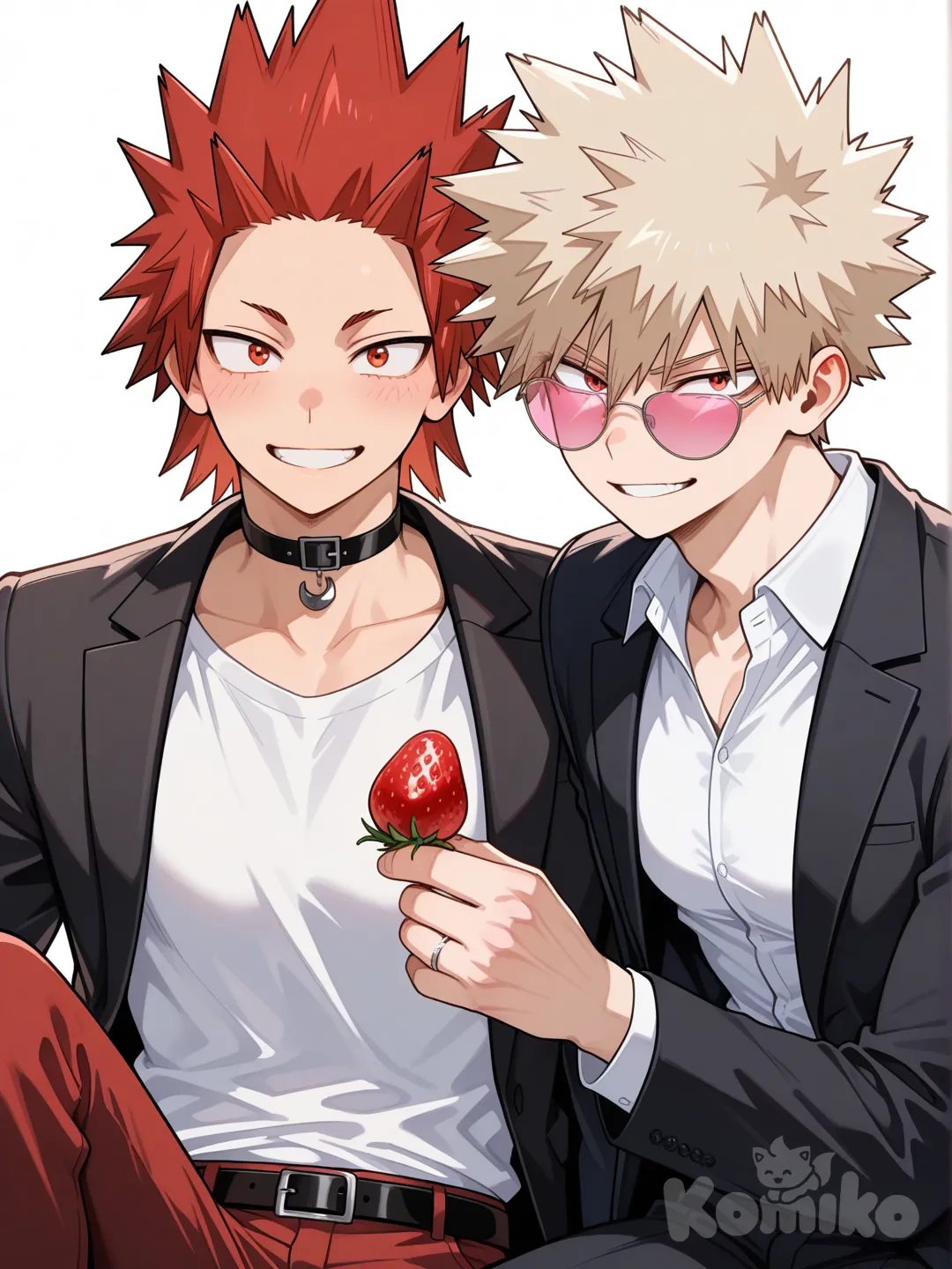 Kirishima Eijirou, [glossy-anime-style], smile, white shirt, black dress jacket, red pants, choker, pink sunglasses, strawberries, white background, spiky hair, red hair upper body, wedding ring, backlight, red eyes, undercut, Bakugou Katsuki , 2people, 2boys, aged up, male focus