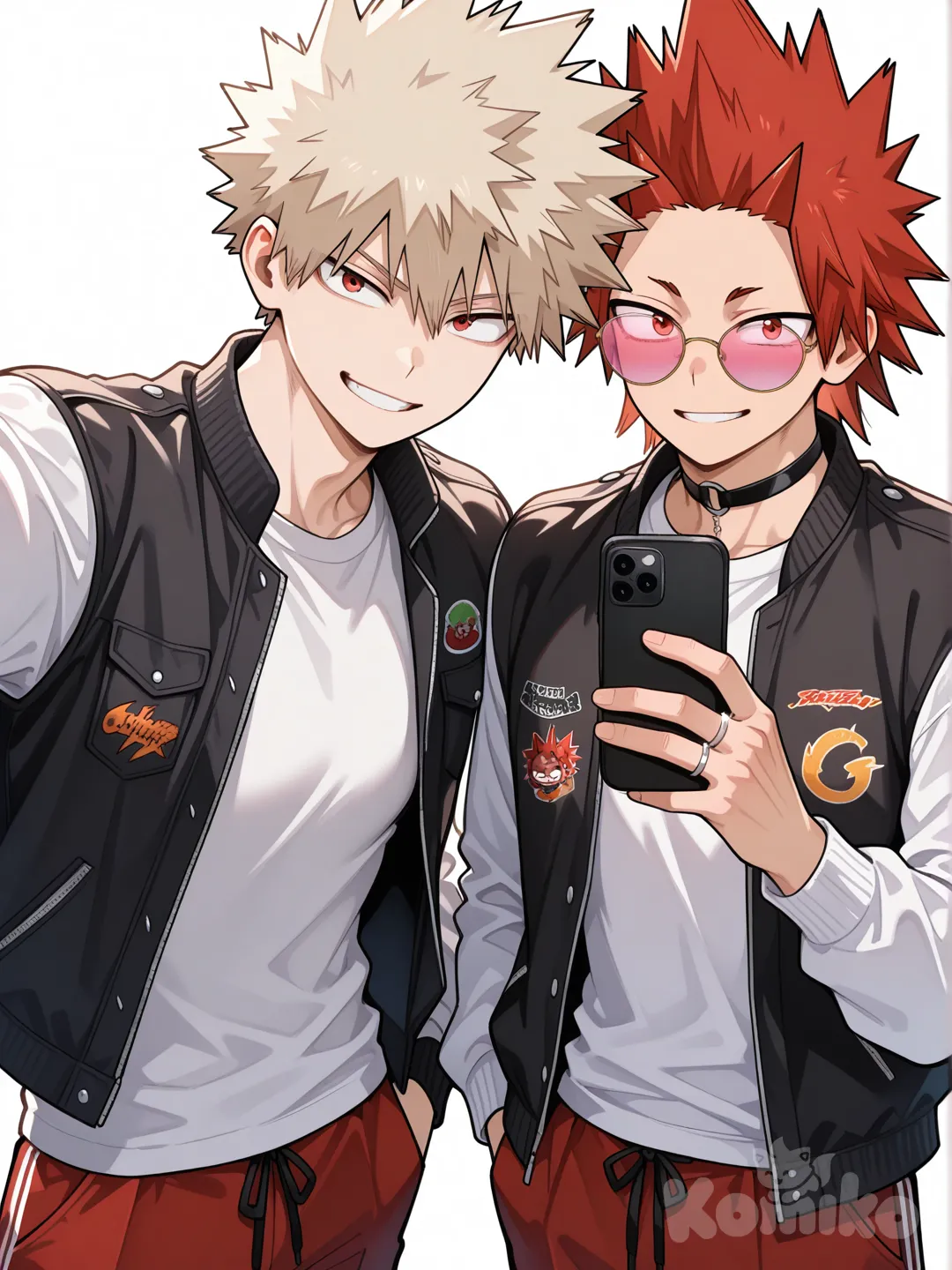 Kirishima Eijirou, [glossy-anime-style], smile, selfie, white shirt, black gym jacket with white sleeves, red pants, choker, pink sunglasses, white background, spiky hair, red hair, upper body, wedding ring, backlight, red eyes, undercut, Bakugou Katsuki , 2people, 2boys, aged up, male focus