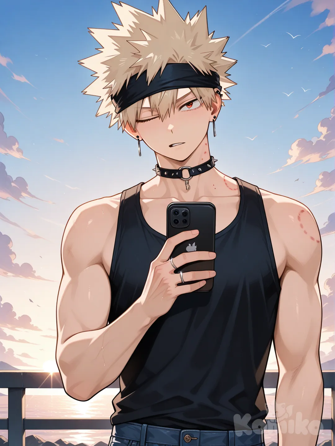 @Bakugou_Katsuki, [glossy-anime-style], black tank top, navy blue jeans, torn clothes, earrings, choker, blonde hair, spiky hair, fluffy curls, hair spiked up at the top, hair away from forehead, undercut, charcoal black, upper body, backlight, blue sky, red eyes, wedding ring, aged up, black thin headband, bite mark, one eye closed, holding phone, facing viewer