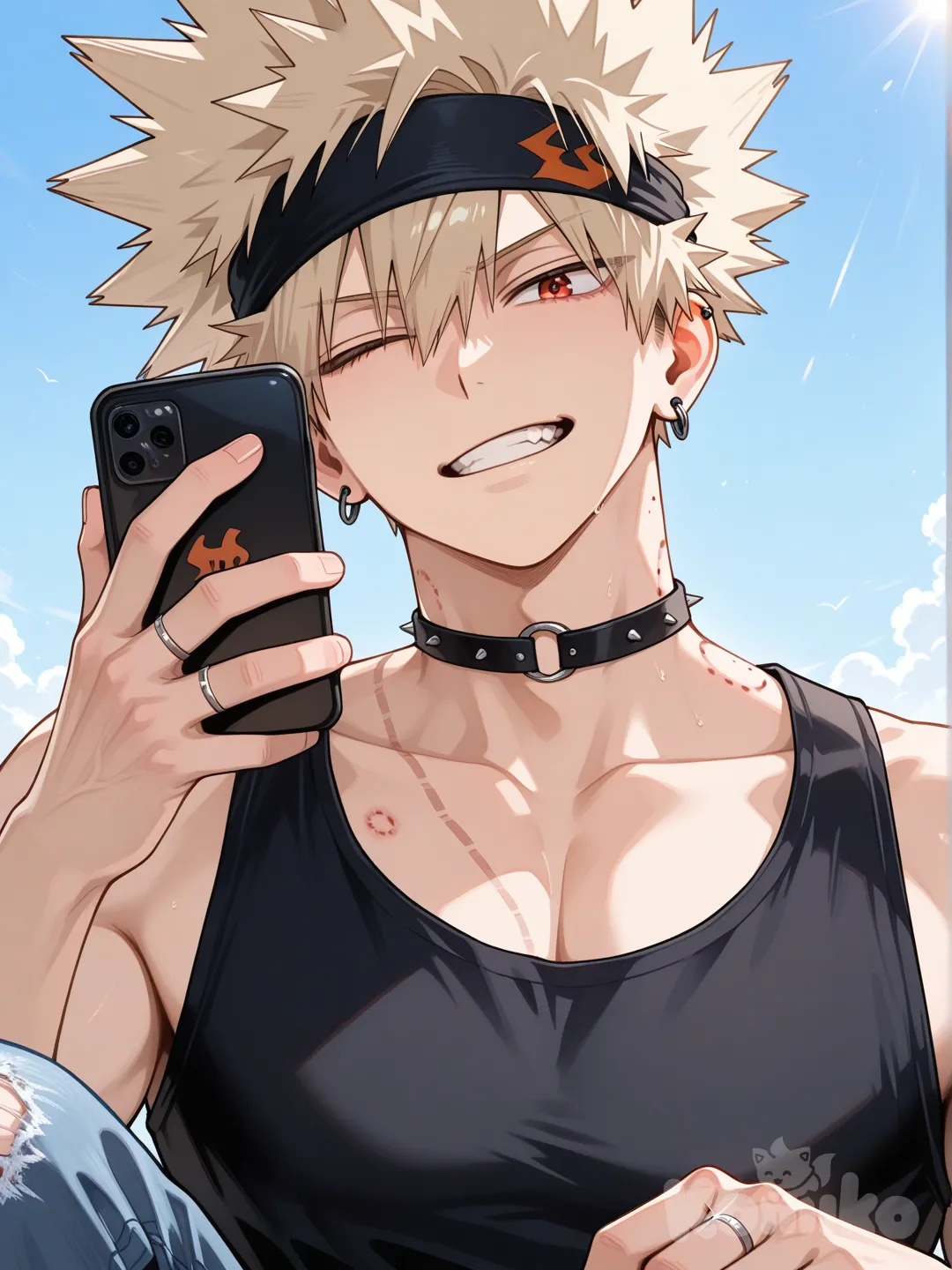 Bakugou Katsuki, [glossy-anime-style], black tank top, navy blue jeans, torn clothes, earrings, choker, blonde hair, spiky hair, fluffy curls, hair spiked up at the top, hair away from forehead, undercut, charcoal black, upper body, backlight, blue sky, red eyes, wedding ring, aged up, black thin headband, bite mark, one eye closed, holding phone, facing viewer