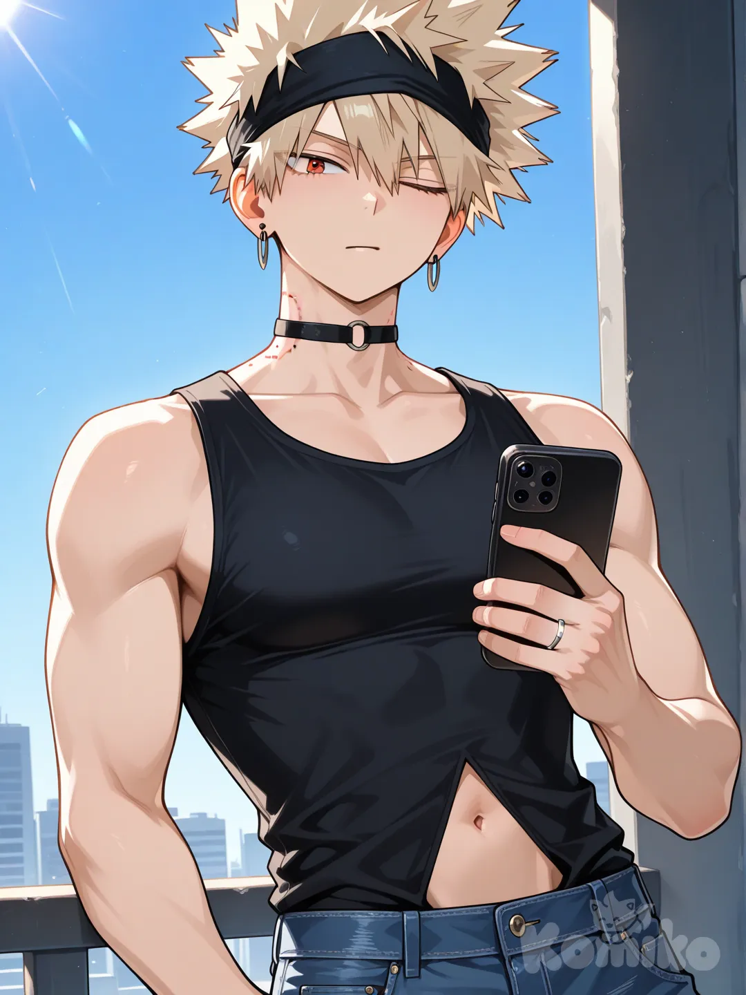 Bakugou Katsuki, [glossy-anime-style], black tank top, navy blue jeans, torn clothes, earrings, choker, blonde hair, spiky hair, fluffy curls, hair spiked up at the top, hair away from forehead, undercut, charcoal black, upper body, backlight, blue sky, red eyes, wedding ring, aged up, black thin headband, bite mark, one eye closed, holding phone, facing viewer