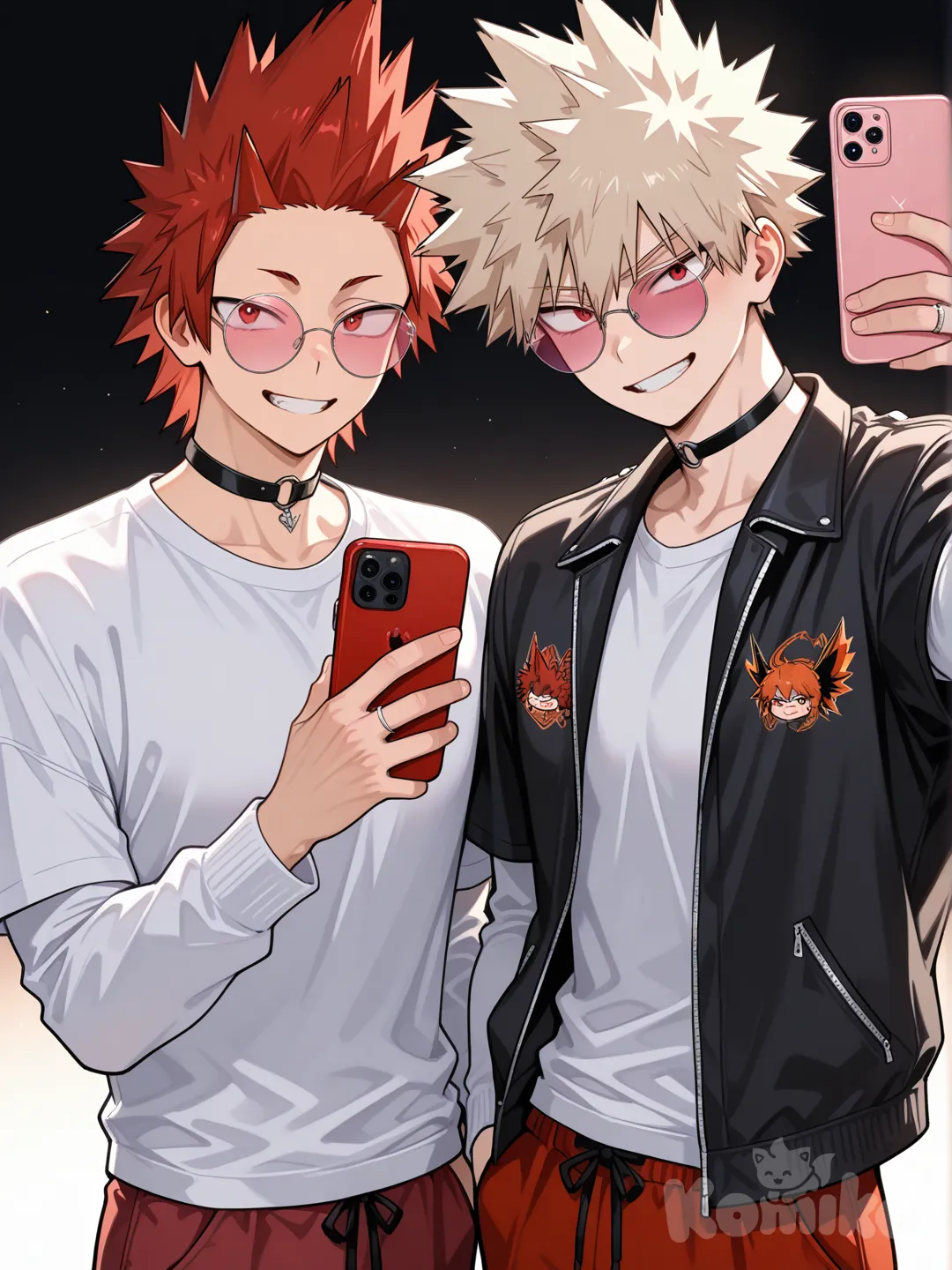Kirishima Eijirou, [glossy-anime-style], smile, selfie, white shirt, black gym jacket with white sleeves, red pants, choker, pink sunglasses, white background, spiky hair, red hair, upper body, wedding ring, backlight, red eyes, undercut, Bakugou Katsuki , 2people, 2boys, aged up, male focus