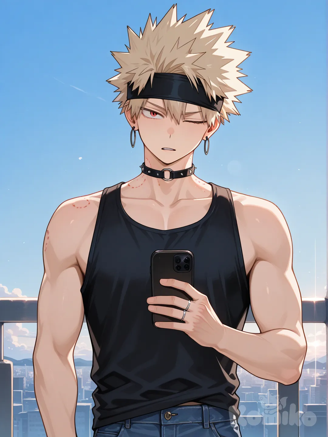Bakugou Katsuki, [glossy-anime-style], black tank top, navy blue jeans, torn clothes, earrings, choker, blonde hair, spiky hair, fluffy curls, hair spiked up at the top, hair away from forehead, undercut, charcoal black, upper body, backlight, blue sky, red eyes, wedding ring, aged up, black thin headband, bite mark, one eye closed, holding phone, facing viewer