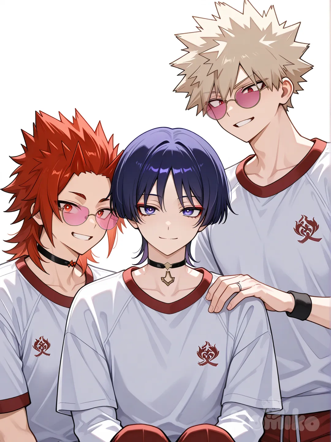 Kirishima Eijirou, [glossy-anime-style], smile, white shirt, black gym jacket with white sleeves, red pants, choker, pink sunglasses, white background, spiky hair, red hair, upper body, wedding ring, backlight, red eyes, undercut, Bakugou Katsuki , aged up, male focus, 3boys, 3people, purple hair, purple eyes, @Scaramouche_(Genshin_Impact)