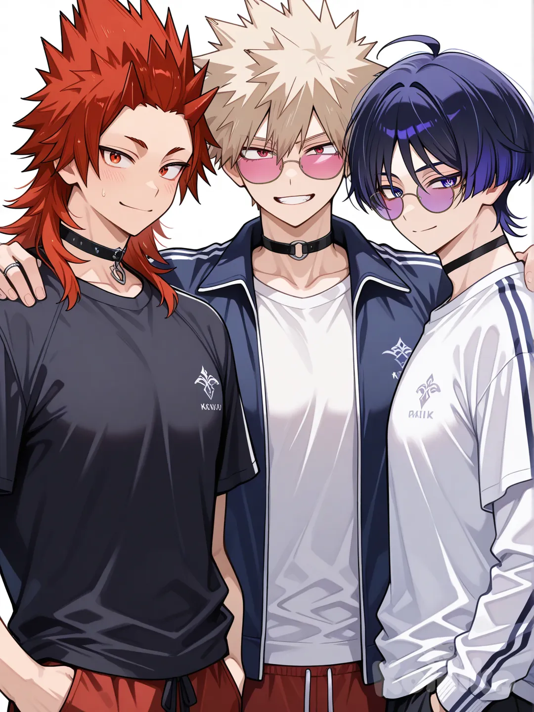 Kirishima Eijirou, [glossy-anime-style], smile, white shirt, black gym jacket with white sleeves, red pants, choker, pink sunglasses, white background, spiky hair, red hair, upper body, wedding ring, backlight, red eyes, undercut, Bakugou Katsuki , aged up, male focus, 3boys, 3people, purple hair, purple eyes, @Wanderer_(Genshin_Impact)