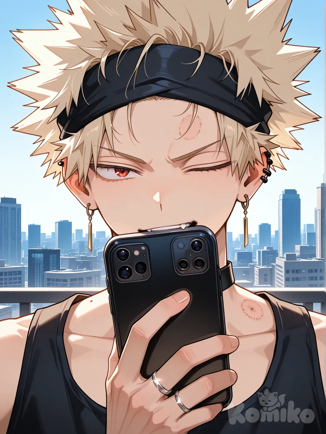 Bakugou Katsuki, [glossy-anime-style], black tank top, black jeans, torn clothes, earrings, choker, blonde hair, spiky hair, fluffy curls, hair spiked up at the top, hair away from forehead, undercut, upper body, backlight, blue sky, red eyes, wedding ring, aged up, black thin headband, bite mark, one eye closed, holding phone, facing viewer, city