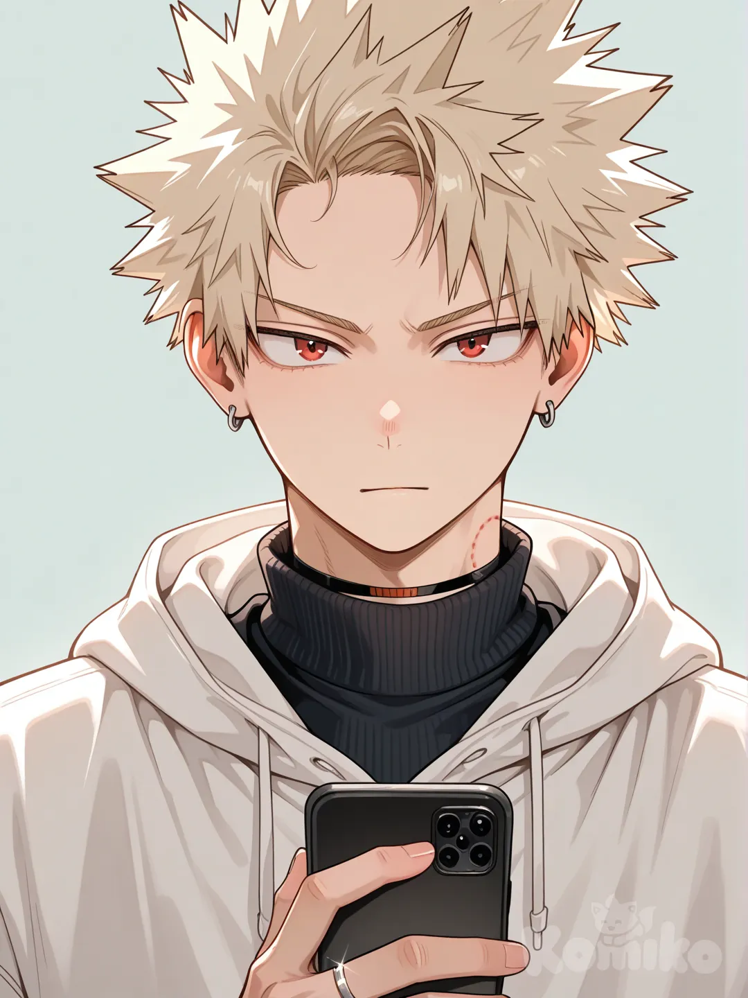 Bakugou Katsuki, [glossy-anime-style], black turtleneck, white hoodie, earrings, choker, blonde hair, spiky hair, fluffy curls, hair spiked up at the top, hair away from forehead, undercut, upper body, backlight, white string, red eyes, wedding ring, aged up, bite mark, pale turquoise background, holding phone, facing viewer
