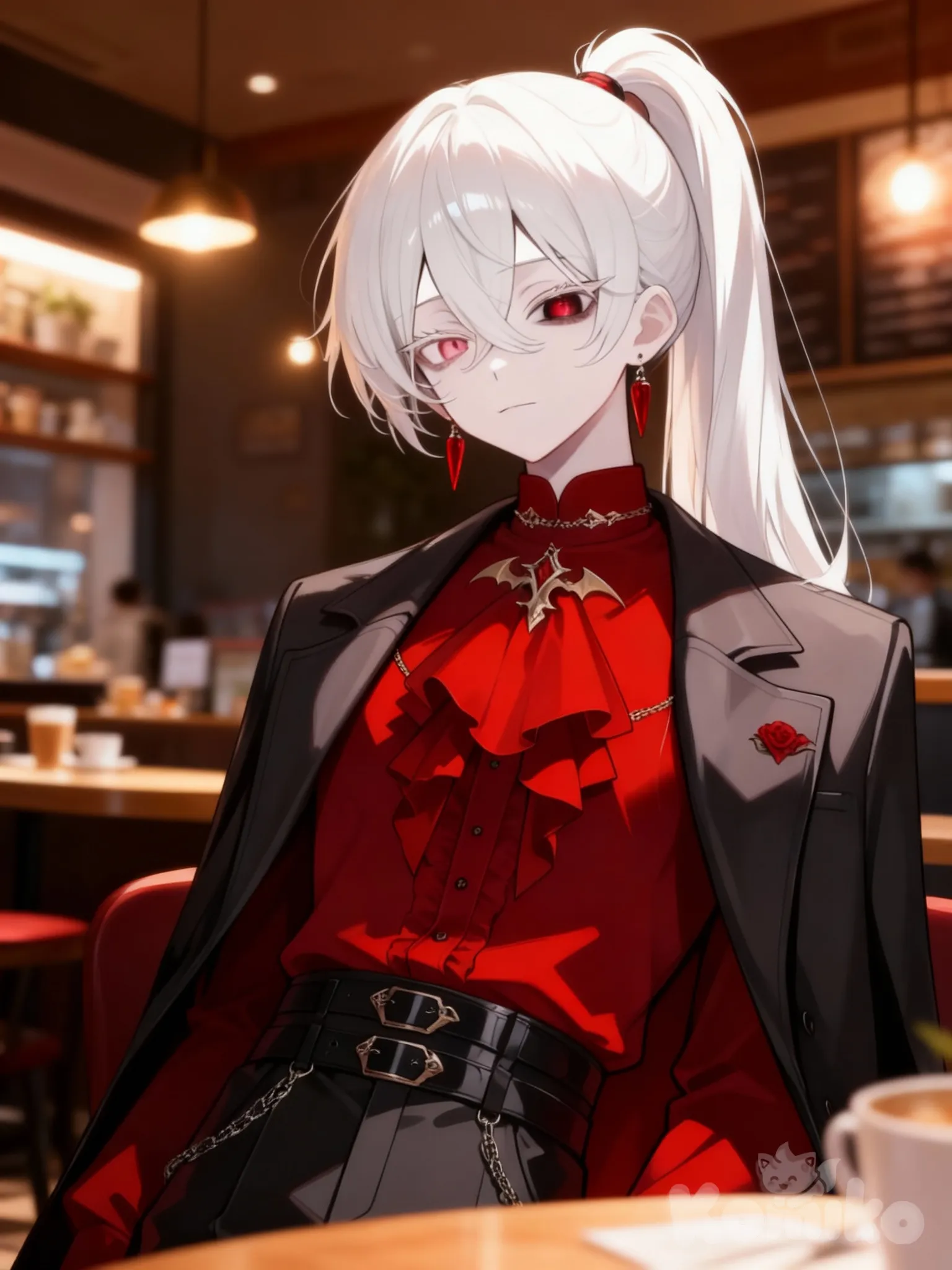 @himeno-DIp9, expressionless, high ponytail, ivory white, headshot, backlight, cafe