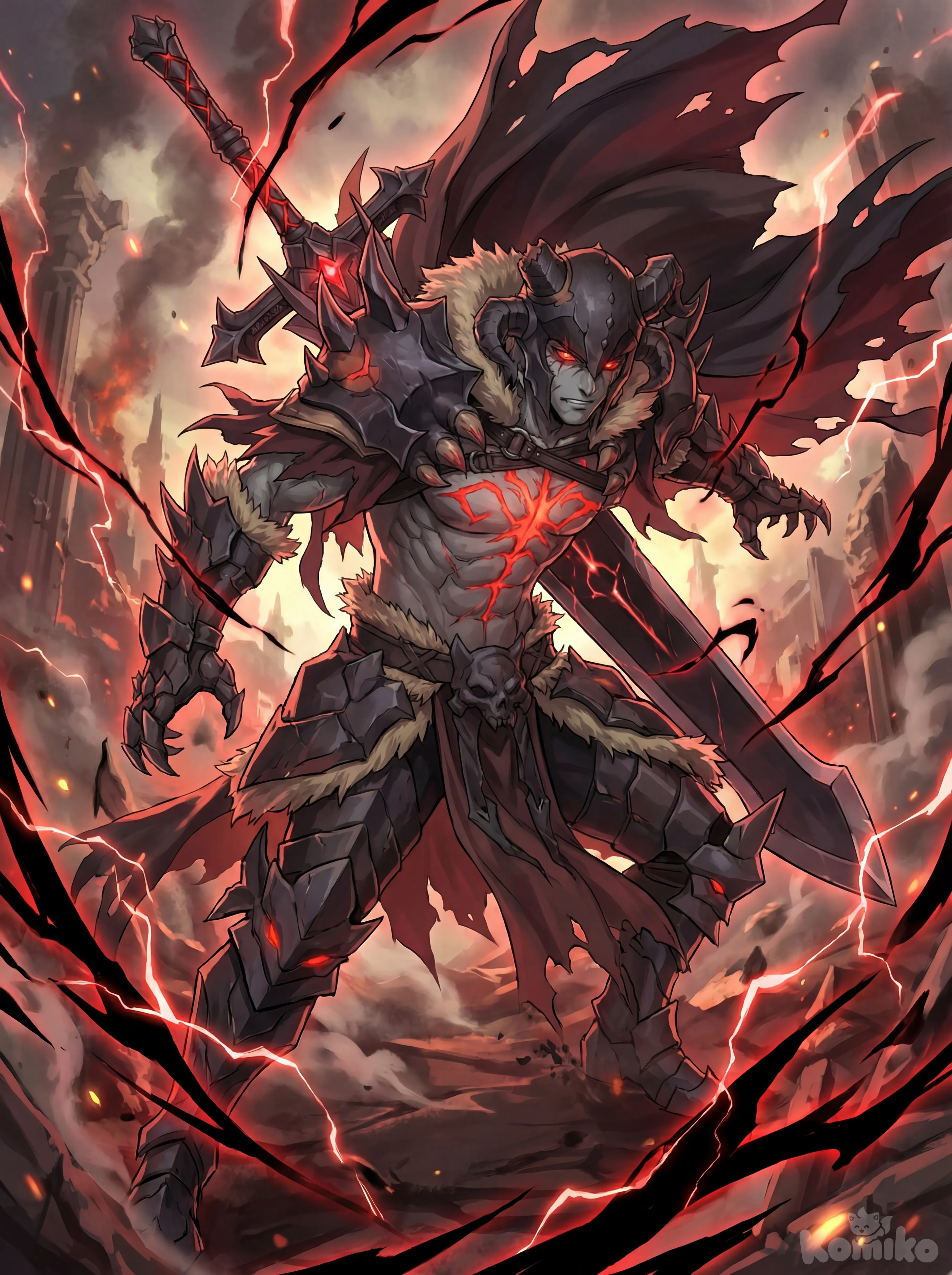 Based on the anime art style, create a character, recreating Siegfried Alter (Fate), wearing black armor with his chest exposed and a red mark on his chest, a corrupted appearance with grayish skin, with a sheathed sword on his back, epic pose, epic and dynamic scene., anime style
