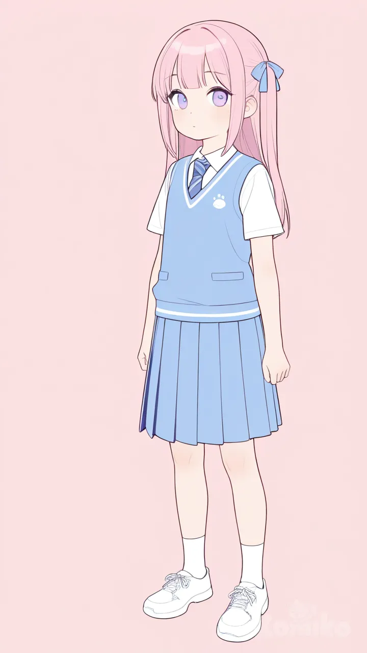 lineart, kawaii, 2d, flat color, pale color, pastel colors, 1girl, school vest