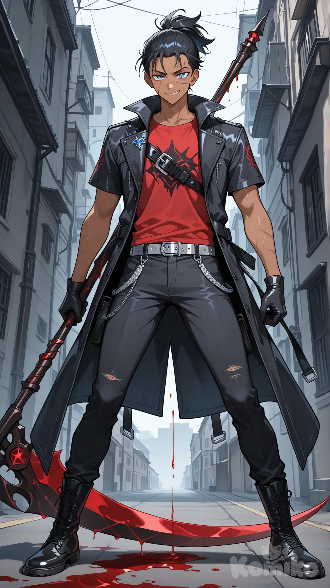 1boy, teenager, anime coloring, short black hair in a ponytail, blue eyes, scar on cheek, olive skin, cocky smile, looking at viewer, red t-shirt, black trench coat, black jeans, black gloves, black boots, silver buckle, standing, feet apart, holding blood scythe on shoulder, blood manipulation