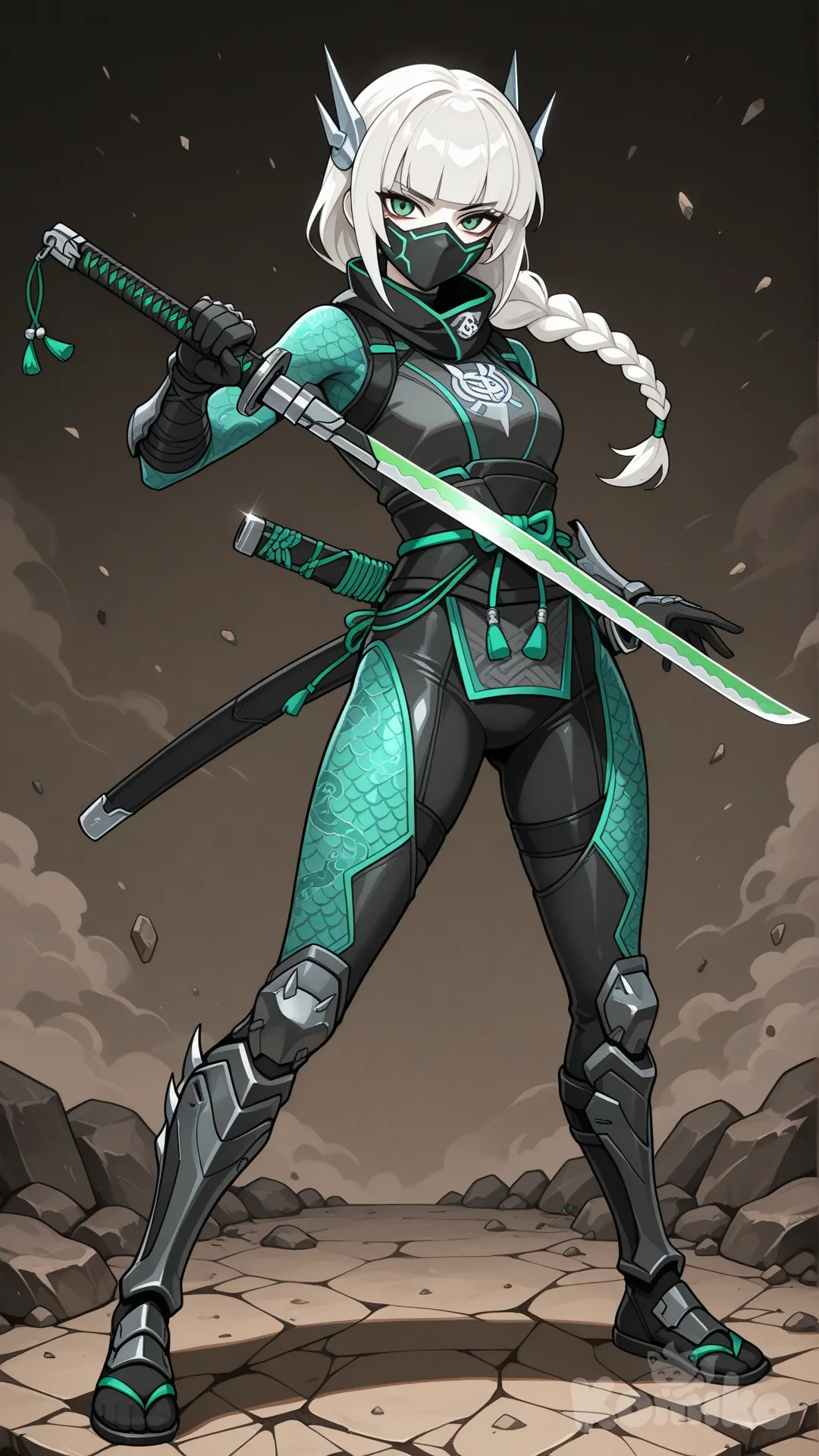 Overwatch, OC, 1girl, teenager, anime coloring, long white hair tied in a braided ponytail, fierce emerald yes, pale skin, looking at viewer, green black and white kunoichi suit with dragon patterns, black ninja mask, silver twin dragon emblem, standing, feet apart, hero pose, holding katana, earth manipulation, full body, Hanamura, Shimada clan
