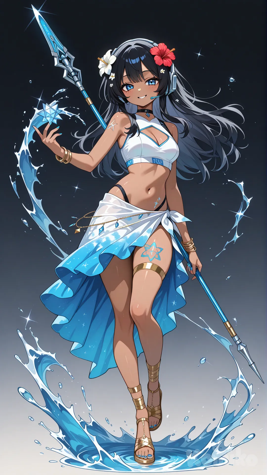 1girl, teenager, anime coloring, long black hair with hibiscus on one side, light caramel skin, blue nails, cerulean eyes, smile, blue black and white hero suit, silver headset, arms and legs exposed, stomach exposed, cleavage exposed, black choker, Icosahedron tattoo on thigh, bracelets, short blue and white sarong, gold legband, knee high golden strap sandals, dancing, holding a spear, water manipulation, full body