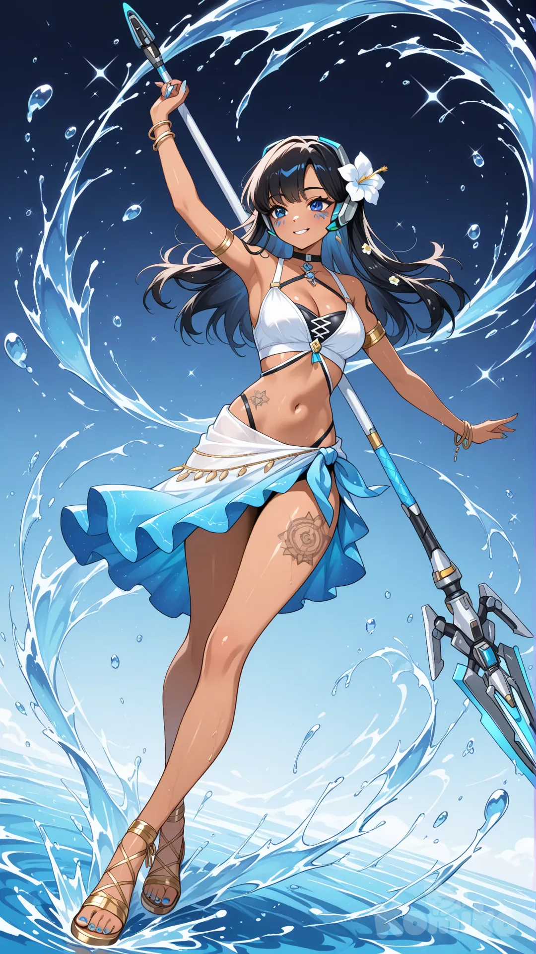 Overwatch, OC,1girl, teenager, anime coloring, long black hair with hibiscus on one side, light caramel skin, blue nails, cerulean eyes, smile, blue black and white hero suit, silver headset, arms and legs exposed, stomach exposed, cleavage exposed, black choker, Icosahedron tattoo on thigh, armlet, bracelets, short blue and white sarong, gold legband, knee high golden lace sandals, dancing, holding a spear, water manipulation, full body