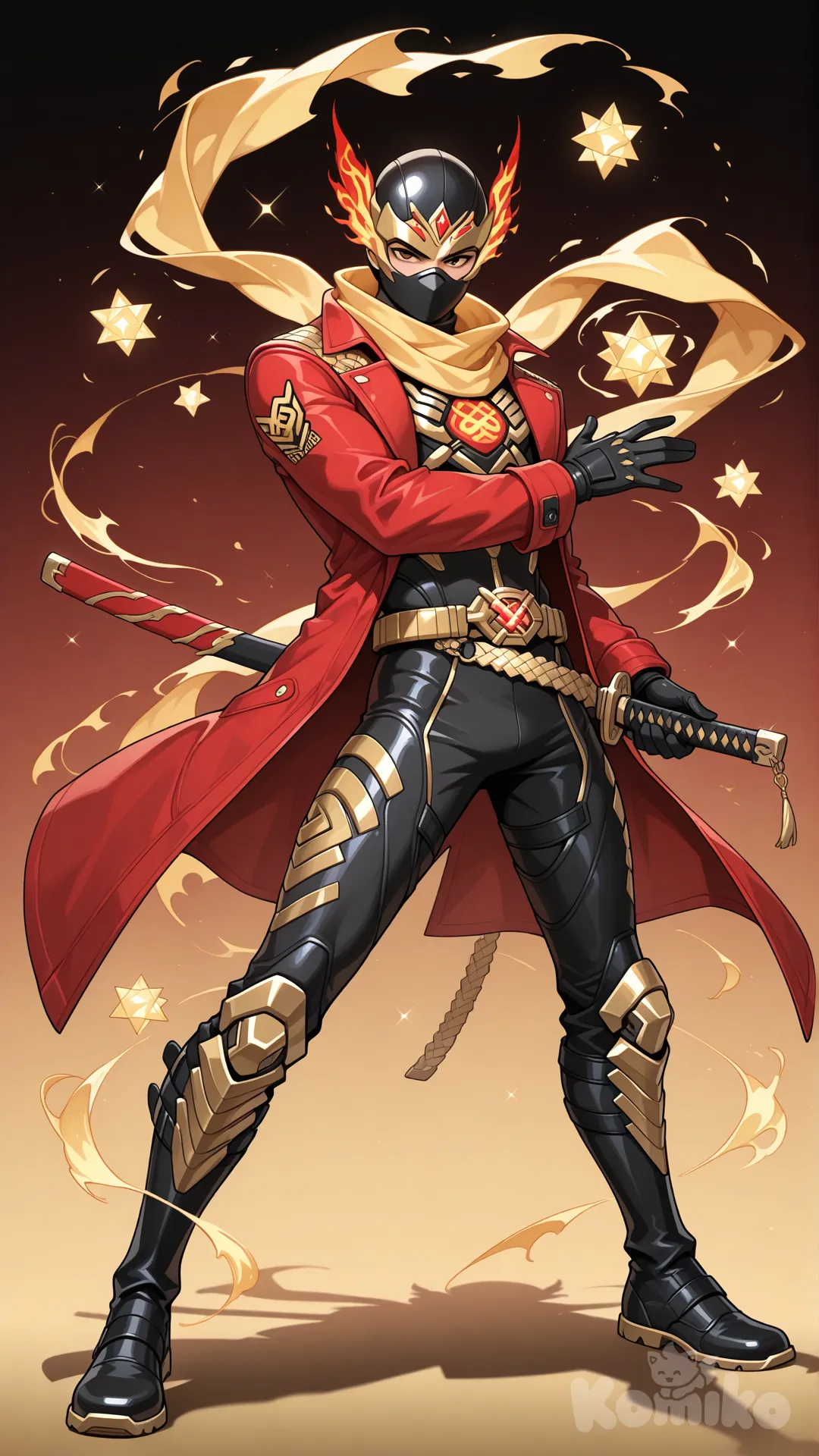 Overwatch, OC, 1boy, teenager, looking at viewer, red black and gold hero suit, black ski mask, red and gold phoenix mask, red trench coat, gold scarf, golden belt buckle, black boots, standing, feet apart, holding a katana, wind manipulation, octahedron, full body, red and gold background, 