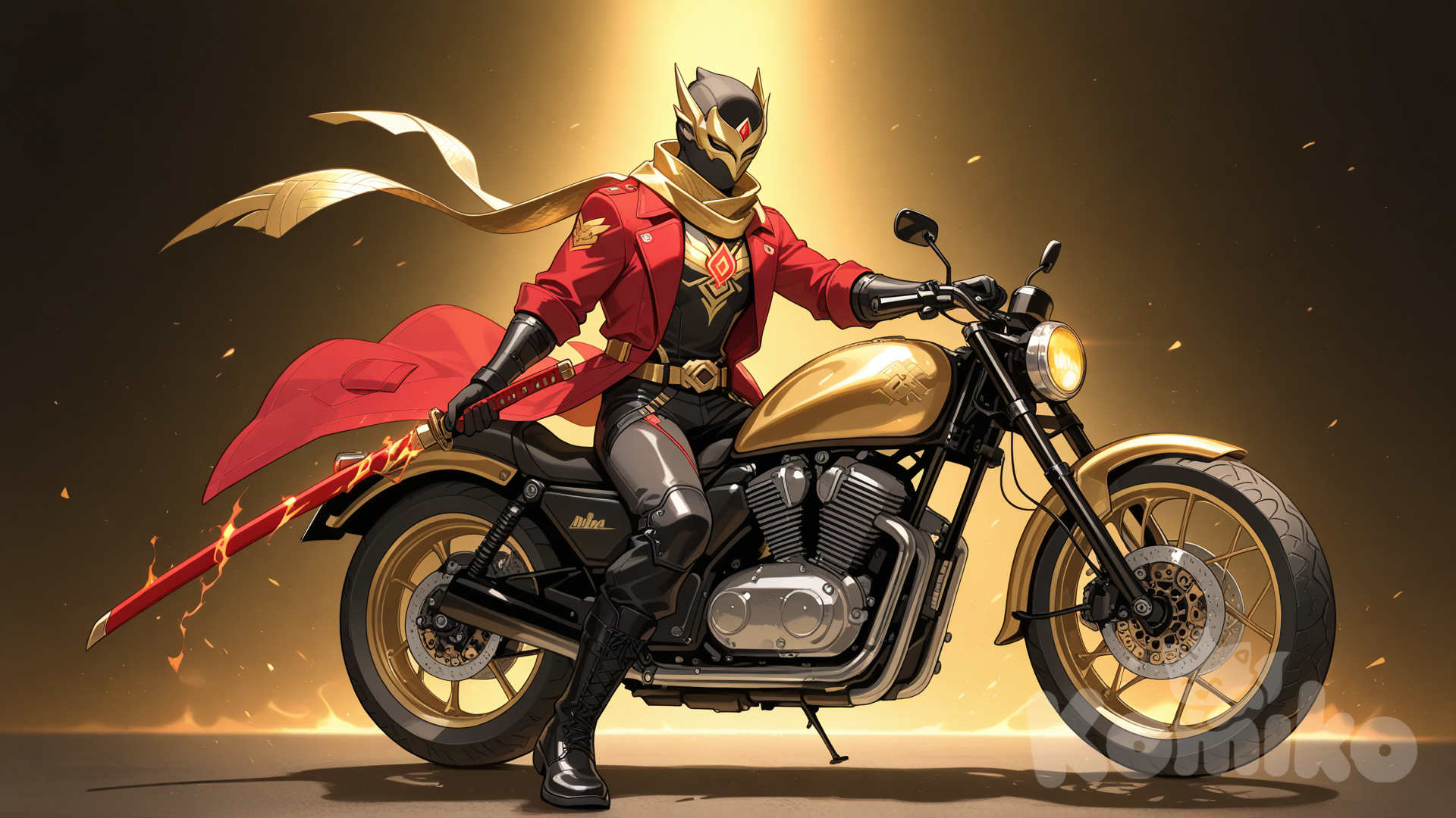 Overwatch, OC, 1boy, teenager, looking at viewer, red black and gold hero suit, black ski mask, red and gold phoenix mask, red trench coat, gold scarf, golden belt buckle, black boots, sitting on a motorcycle, holding a katana, full body, red and gold background,
