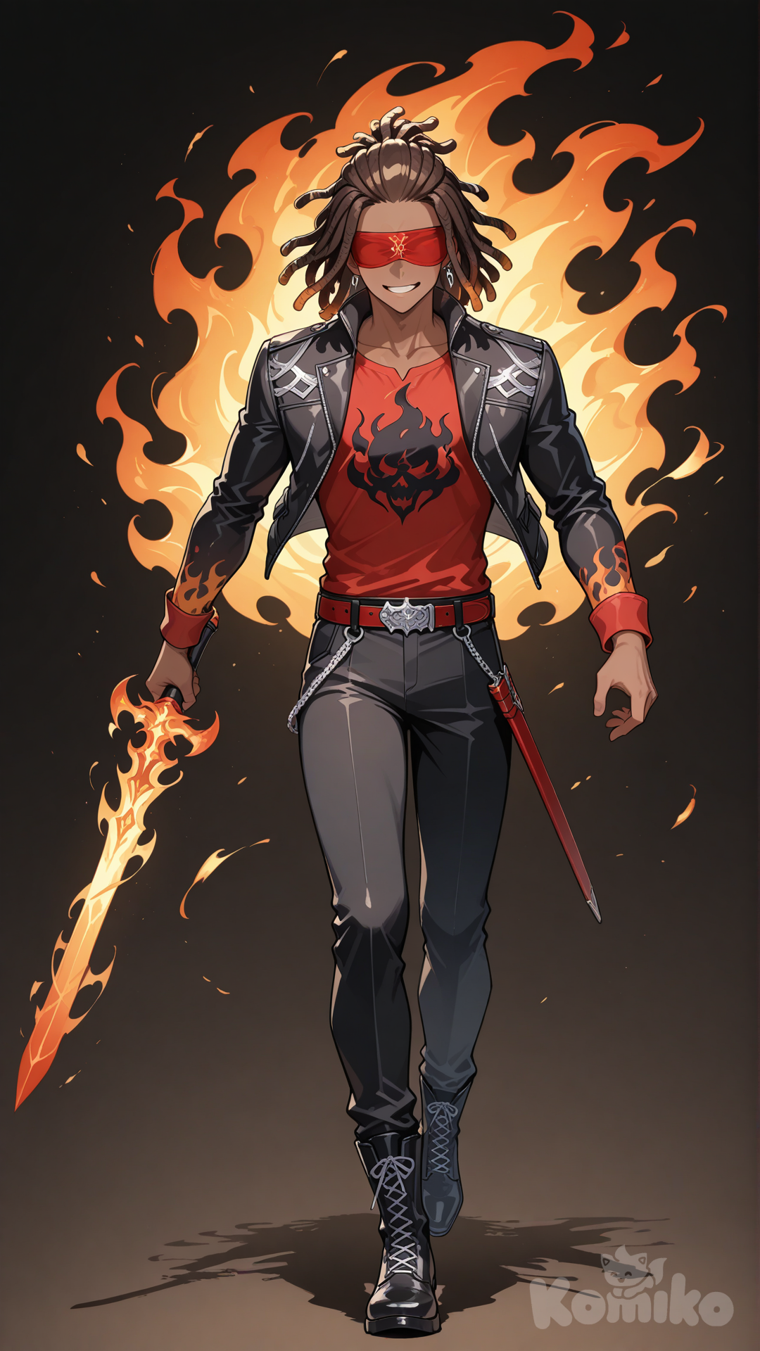 Male, teenager, dark skin, brown dreadlocks with red tips, red blindfold, red shirt, black jacket with flame patterns, black pants, red belt with silver buckle, black boots, holding a flaming sword, grinning, walking, full body, front view, fire background