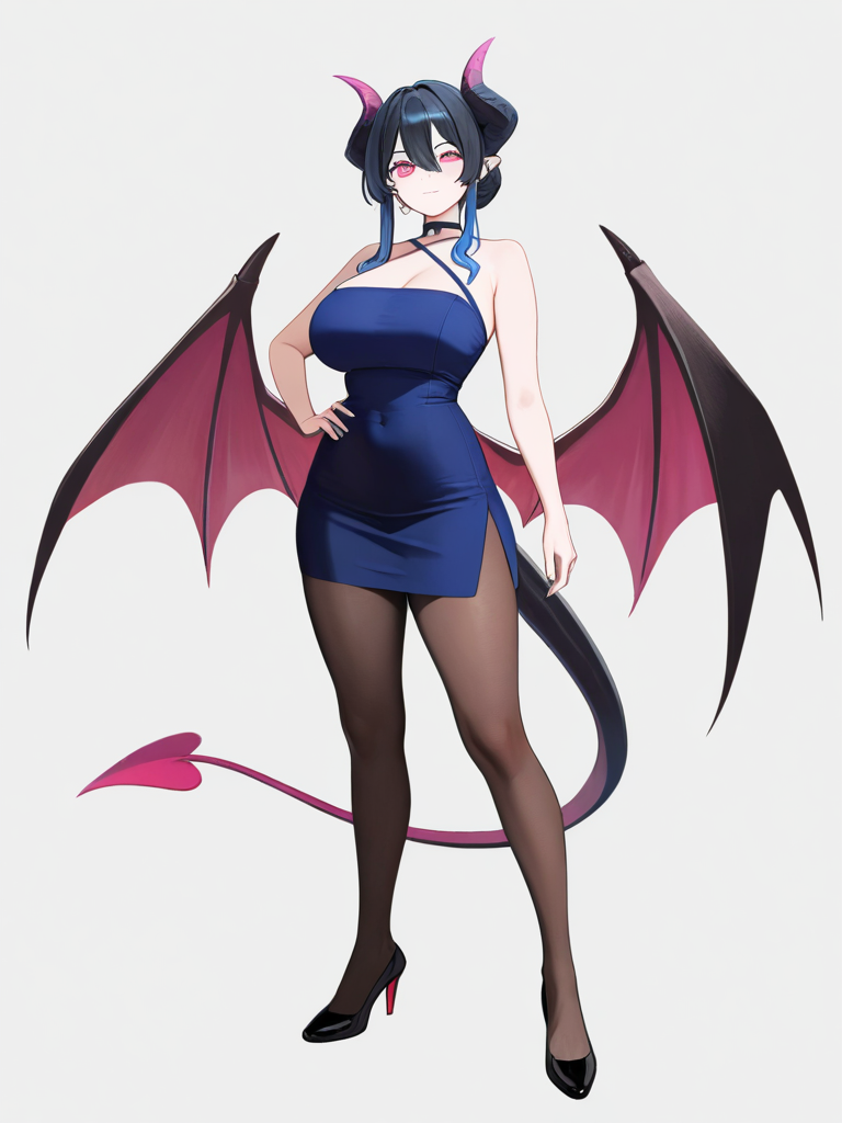 1girl, demon, mature, tall, black hair, blue hair, pink eyes, single character, full body, looking at viewer, anime style, simple background, white background