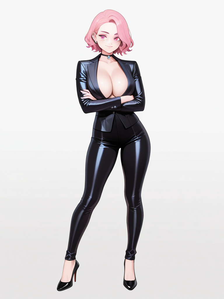 1boy, tall, athletic, mature, piercing_pink_eyes, flowing_pink_hair, freckles, captivating_smile, chiseled_jawline, sleek_tailored_suit, tender_gaze, confident_posture, enigmatic, single character, full body, looking at viewer, anime style, simple background, white background