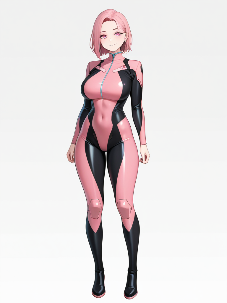 1boy, tall, athletic, mature, piercing_pink_eyes, flowing_pink_hair, captivating_smile, chiseled_jawline, sleek_tailored_suit, tender_gaze, confident_posture, enigmatic, single character, full body, looking at viewer, anime style, simple background, white background