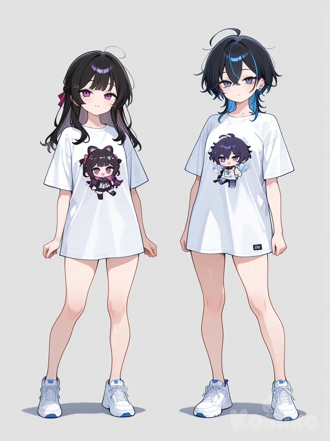 2people, t-shirt, full body, 2girls