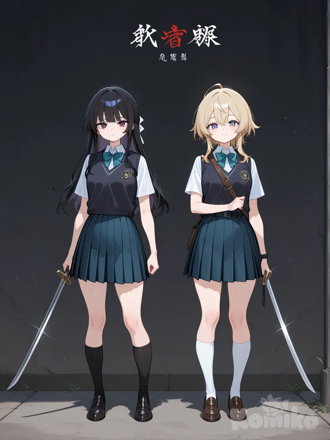 1girl, 2girls, holding sword, school vest, full body