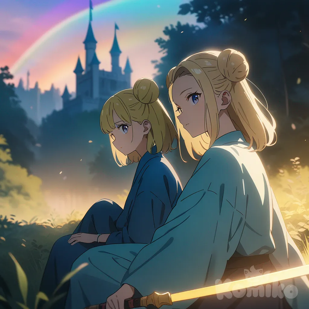 2people, anime coloring, sitting on the ground, holding sword, double buns, blonde hair, slicked-back hair, rainbow, neon green, blue kimono, side profile photo, looking at viewer, cinematic lighting, twilight, castle, forest