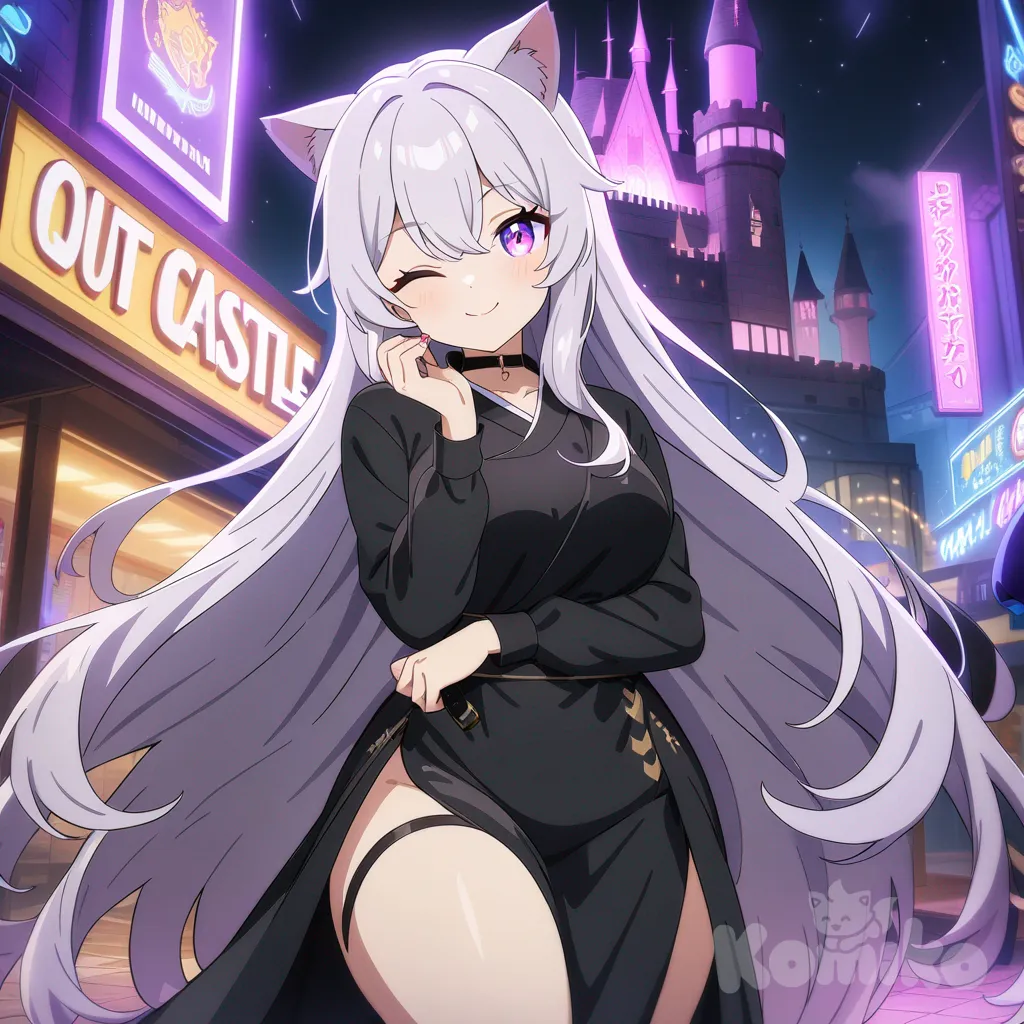1girl,sexy, curvy, very long hair purple,neon eyes, anime coloring charcater, holding sword,black kimono, one eye closed, smile, cat ears, looking at viewer, neon lights, black castle,very cuty,very beautiful